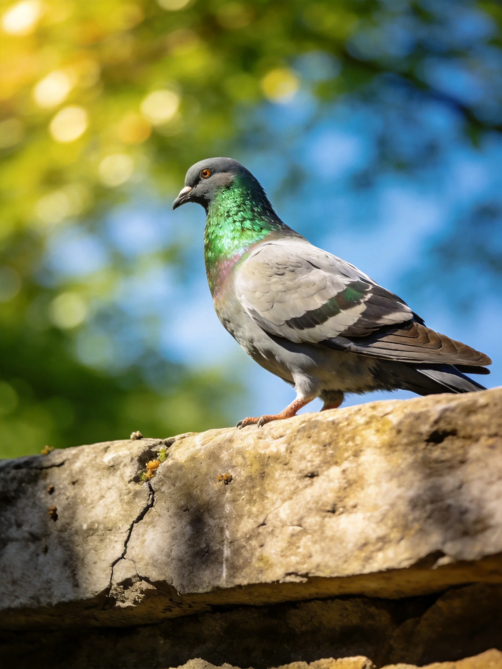 A pigeon with iridescent green neck perched on an aged stone ledge