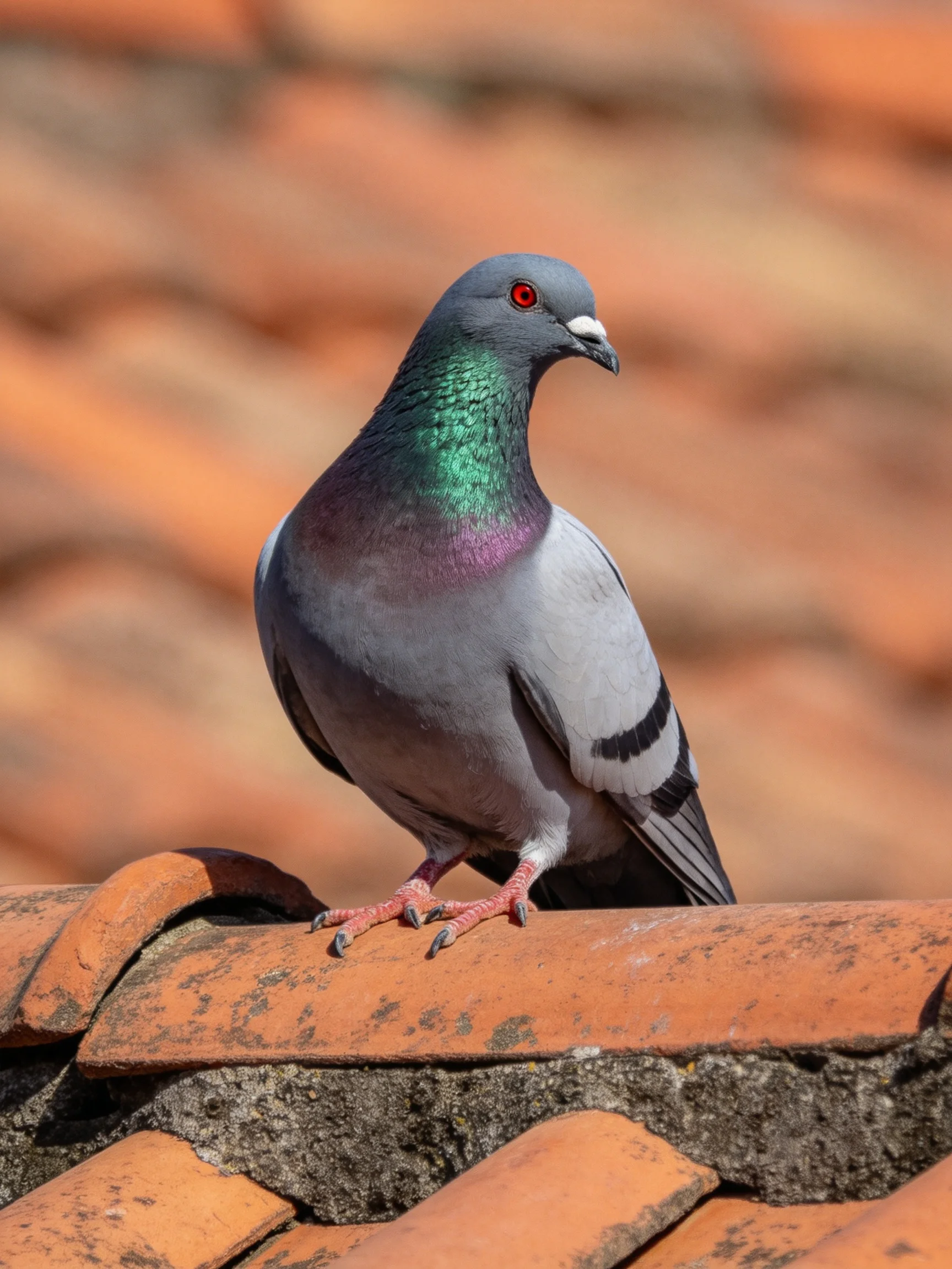 A pigeon with iridescent green neck perched on weathered terracotta roof tiles