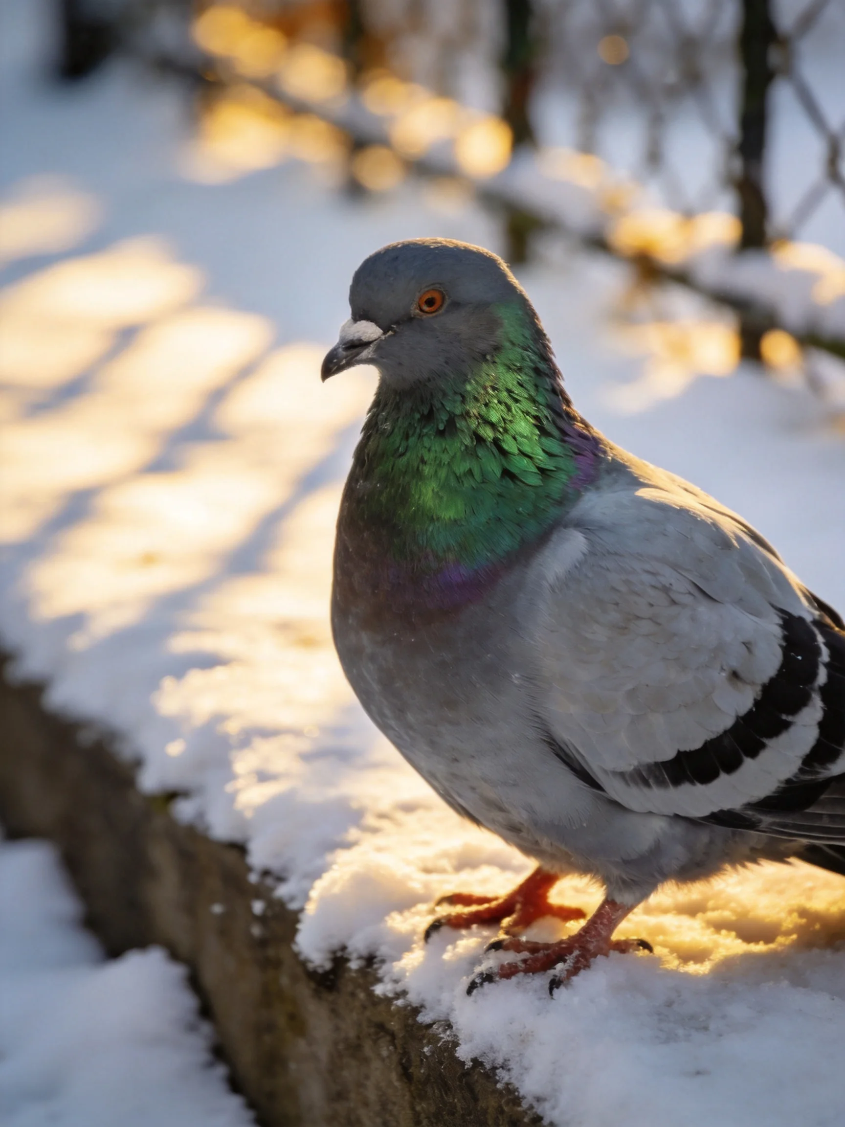 A pigeon with iridescent green neck perches on a snow-covered ledge