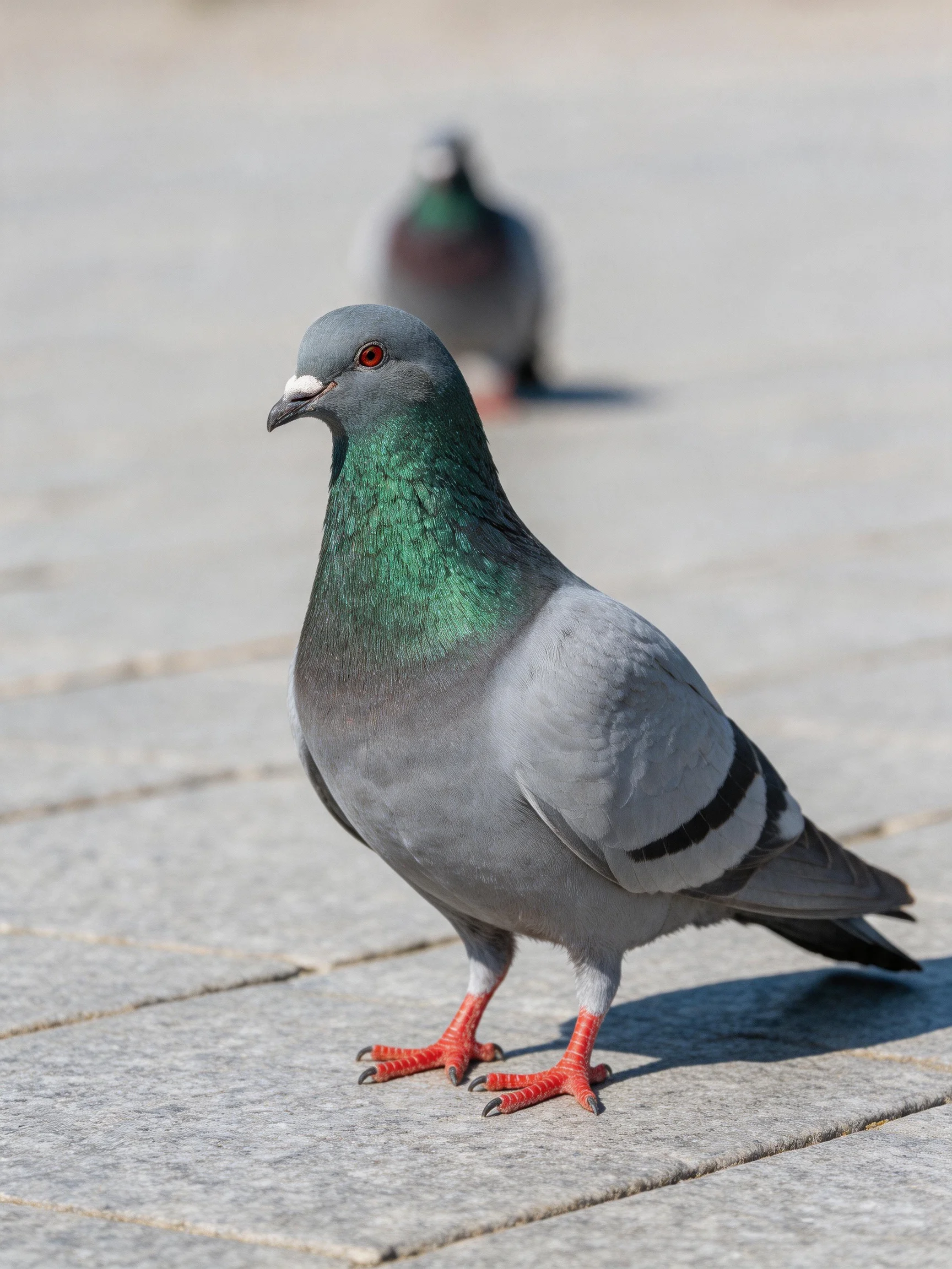 A pigeon with iridescent green neck stands on stone pavement beside a blurred companion