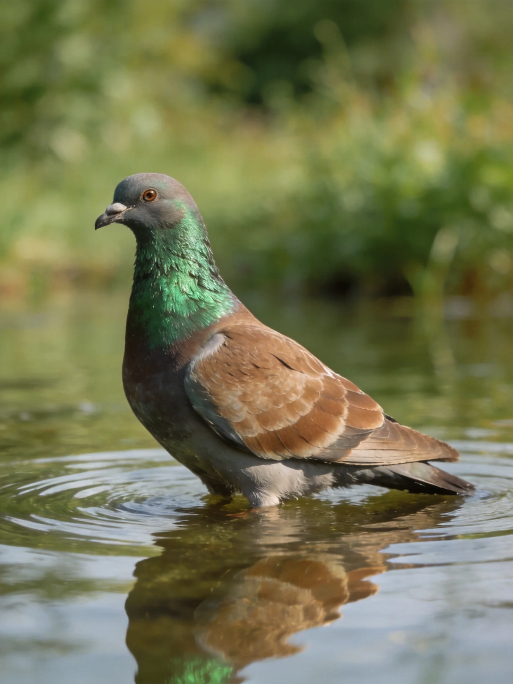 A pigeon with iridescent green neck wades in calm water
