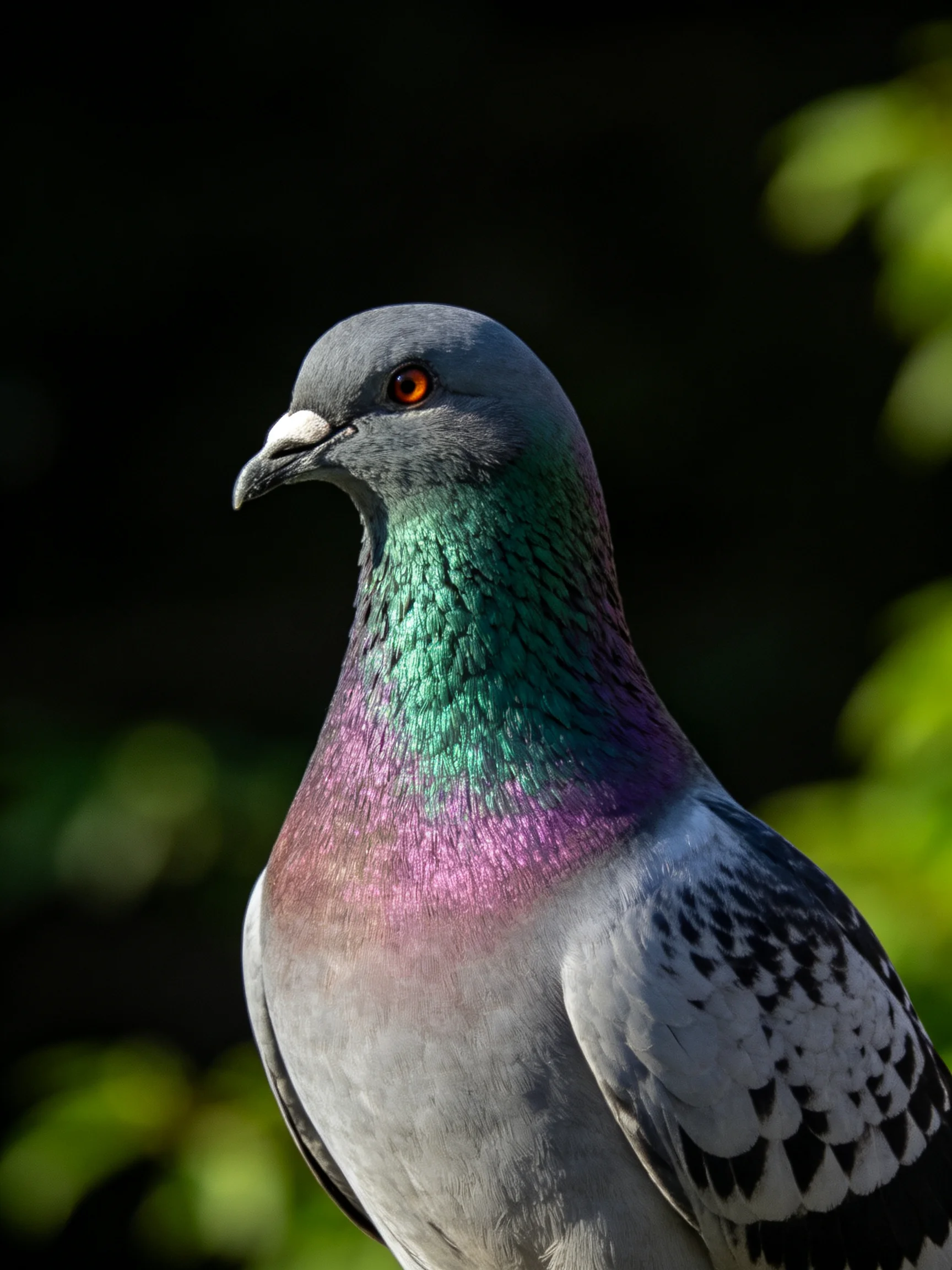 A pigeon with iridescent green-purple neck and gray body plumage