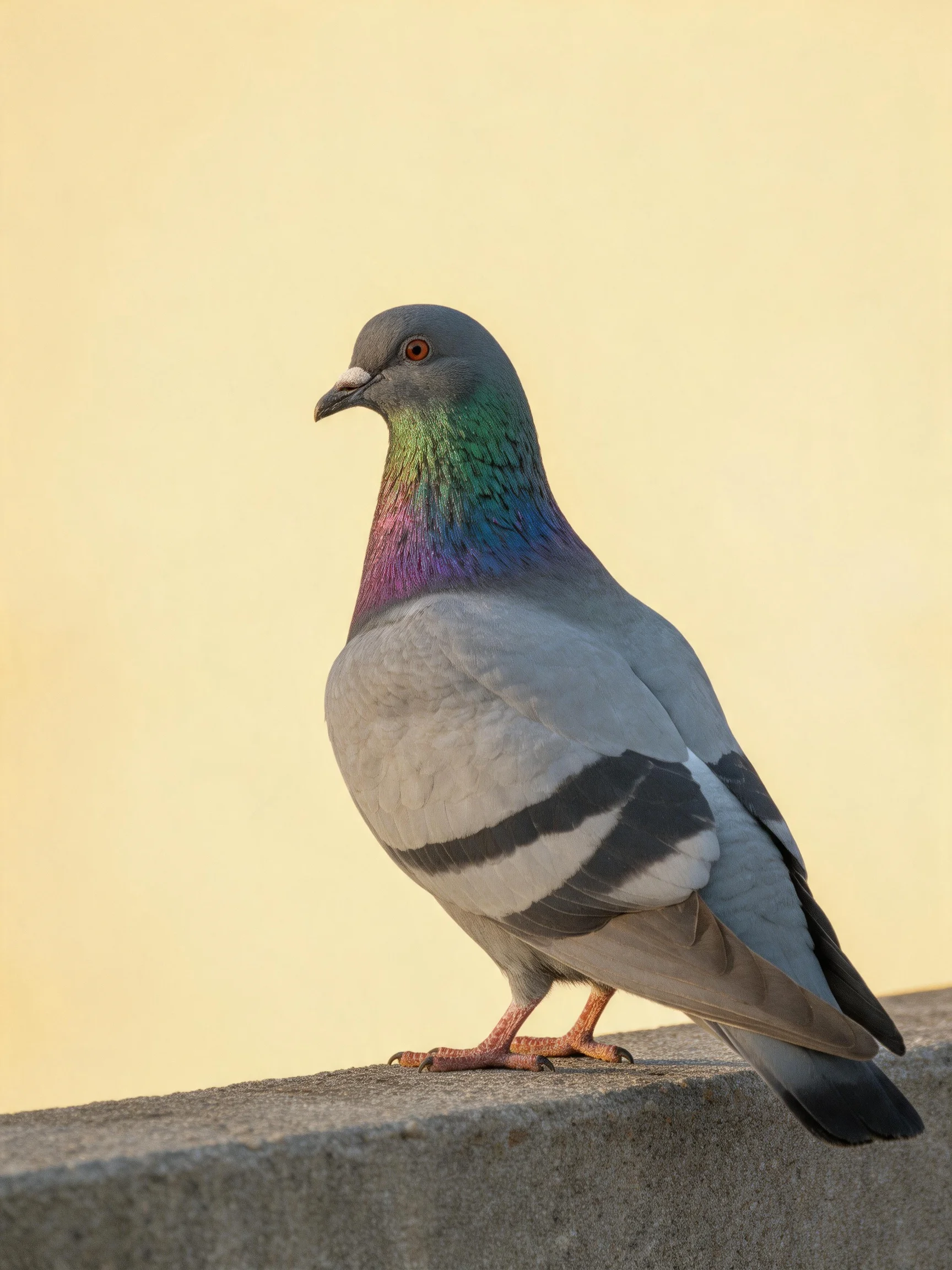 A pigeon with iridescent green-purple neck feathers perched on concrete