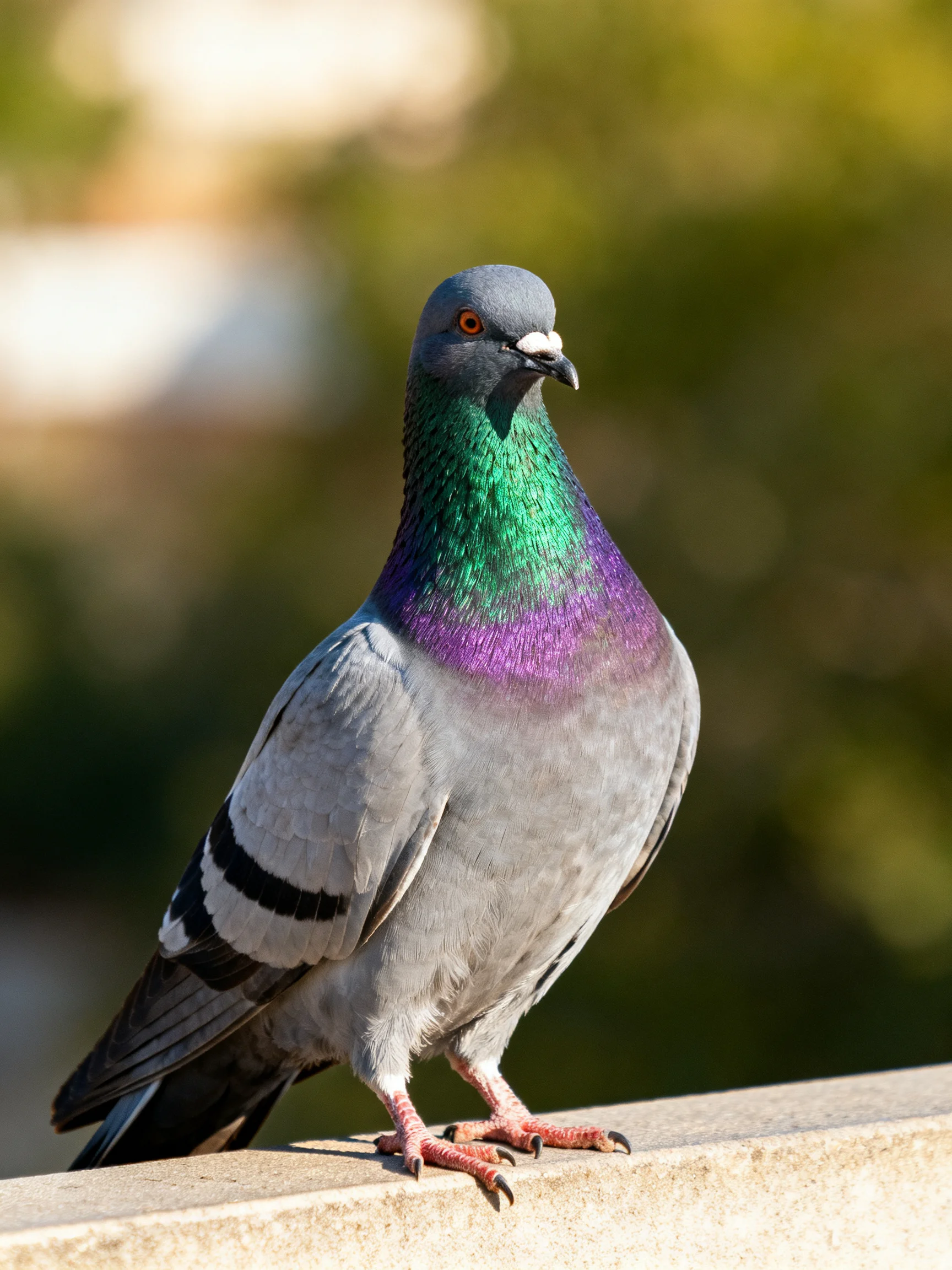 A pigeon with iridescent green-purple neck, gray body, and black wing stripes