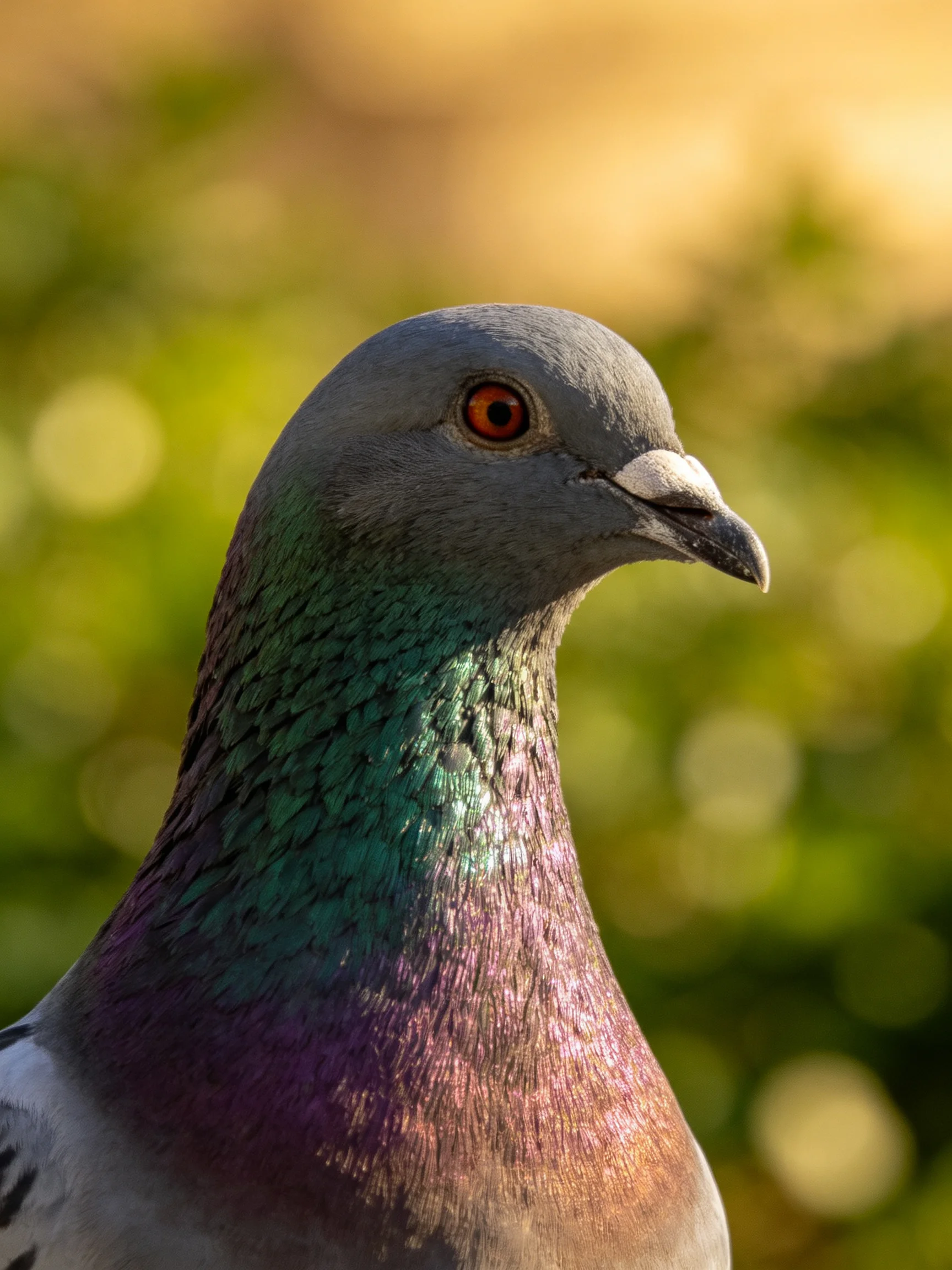 A pigeon with iridescent green-purple neck, gray head, and soft bokeh background