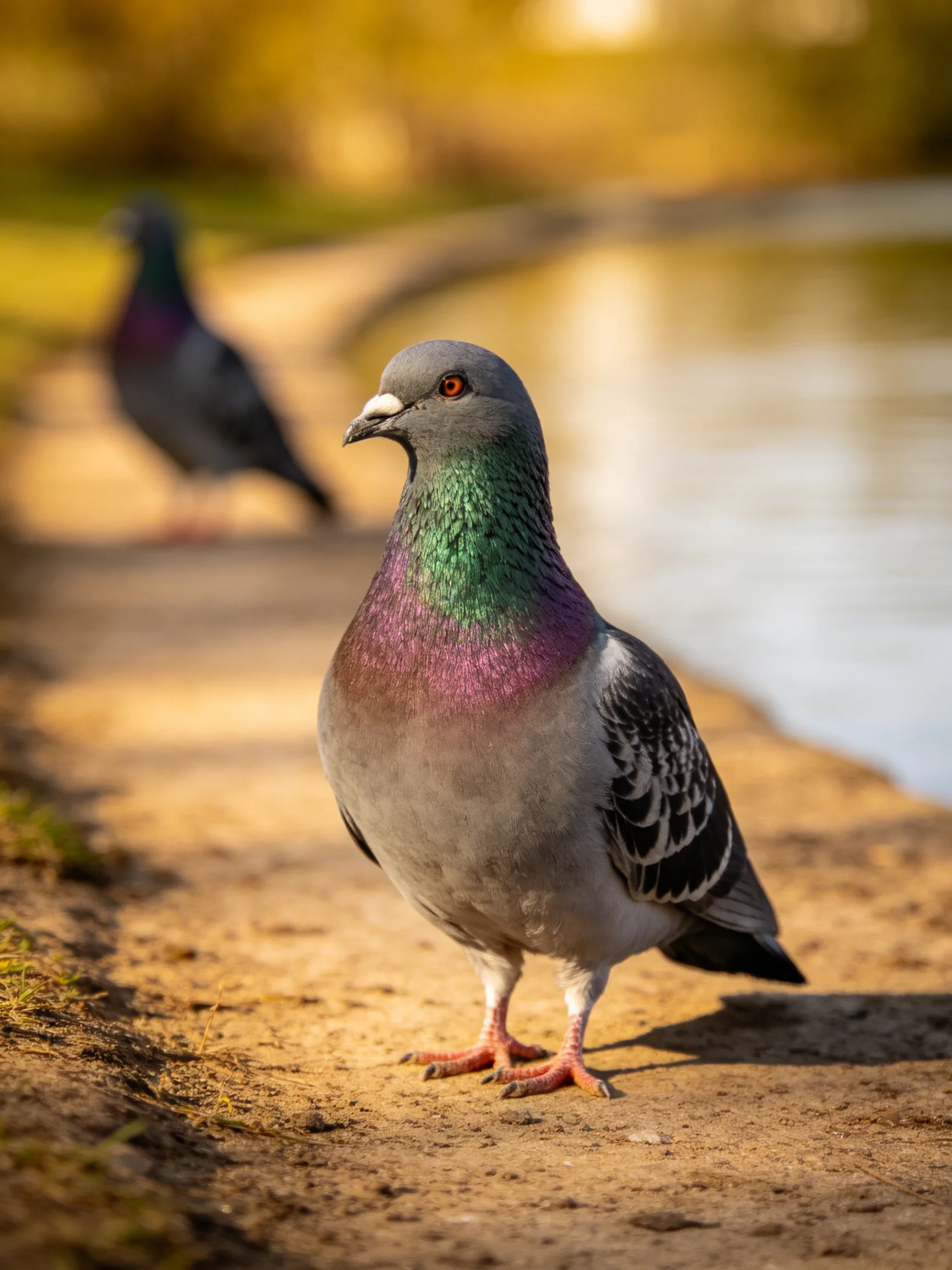 A pigeon with iridescent green-purple neck near water, another pigeon blurred