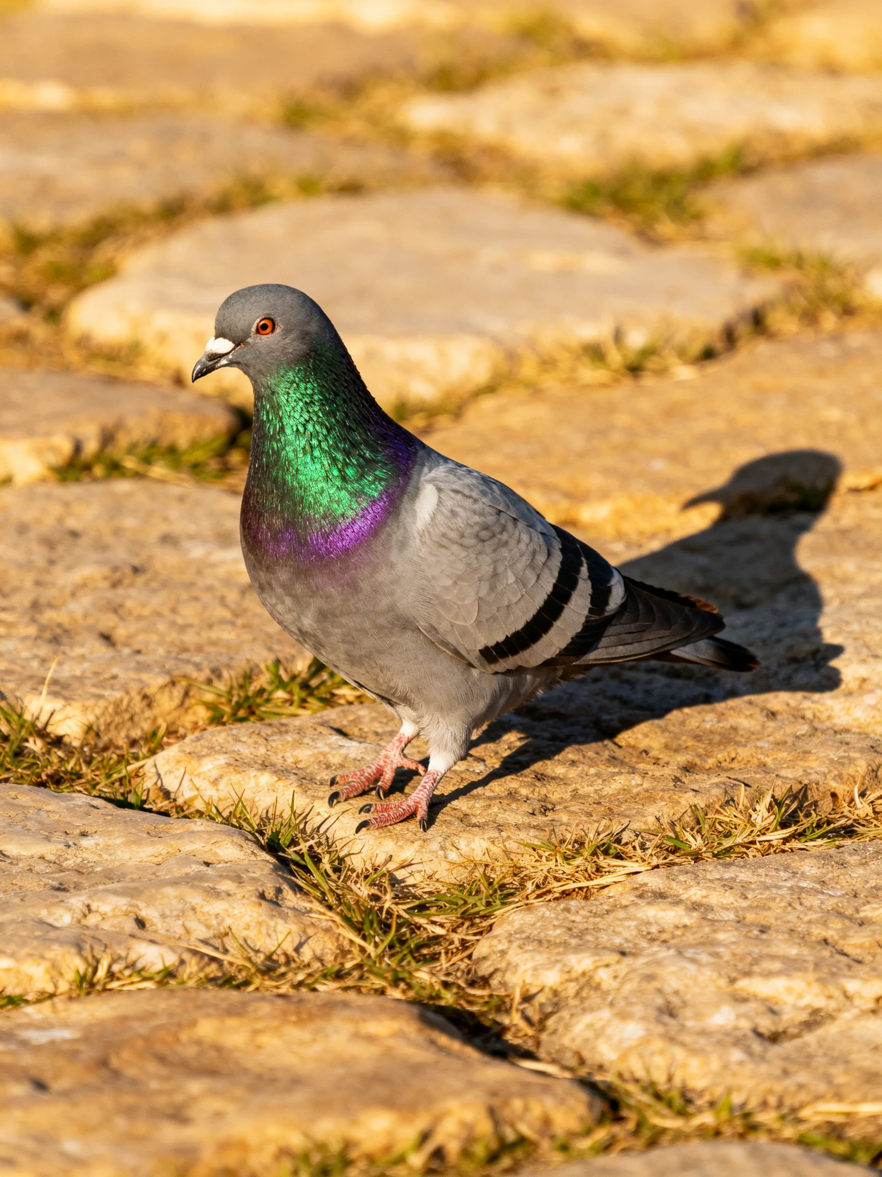 A pigeon with iridescent green-purple neck on a cobblestone path