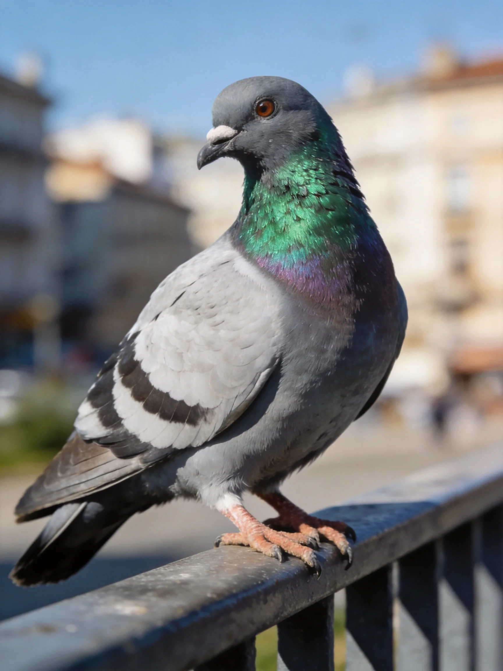 A pigeon with iridescent green-purple neck on a metal railing