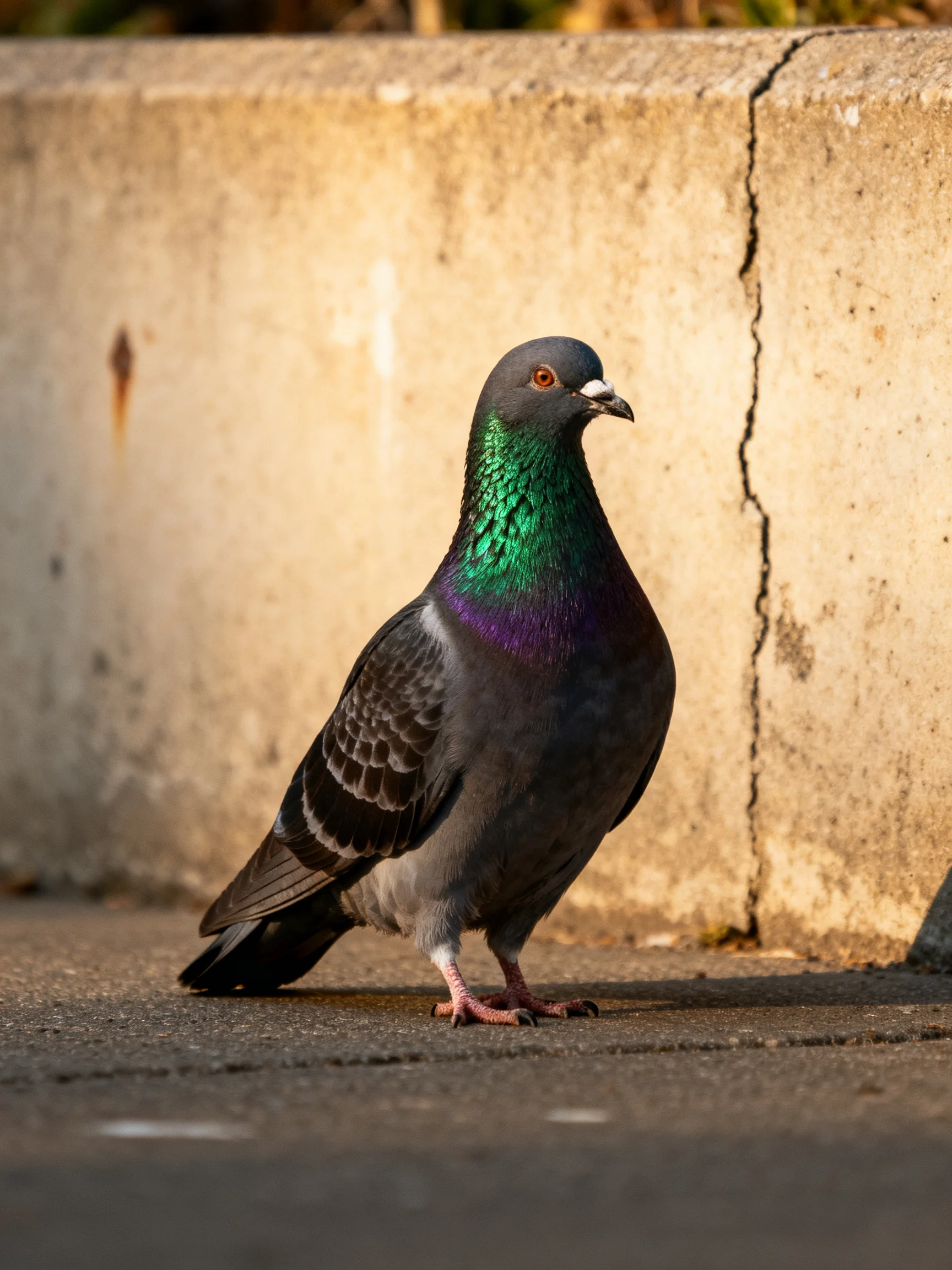 A pigeon with iridescent green-purple neck on concrete near cracked wall