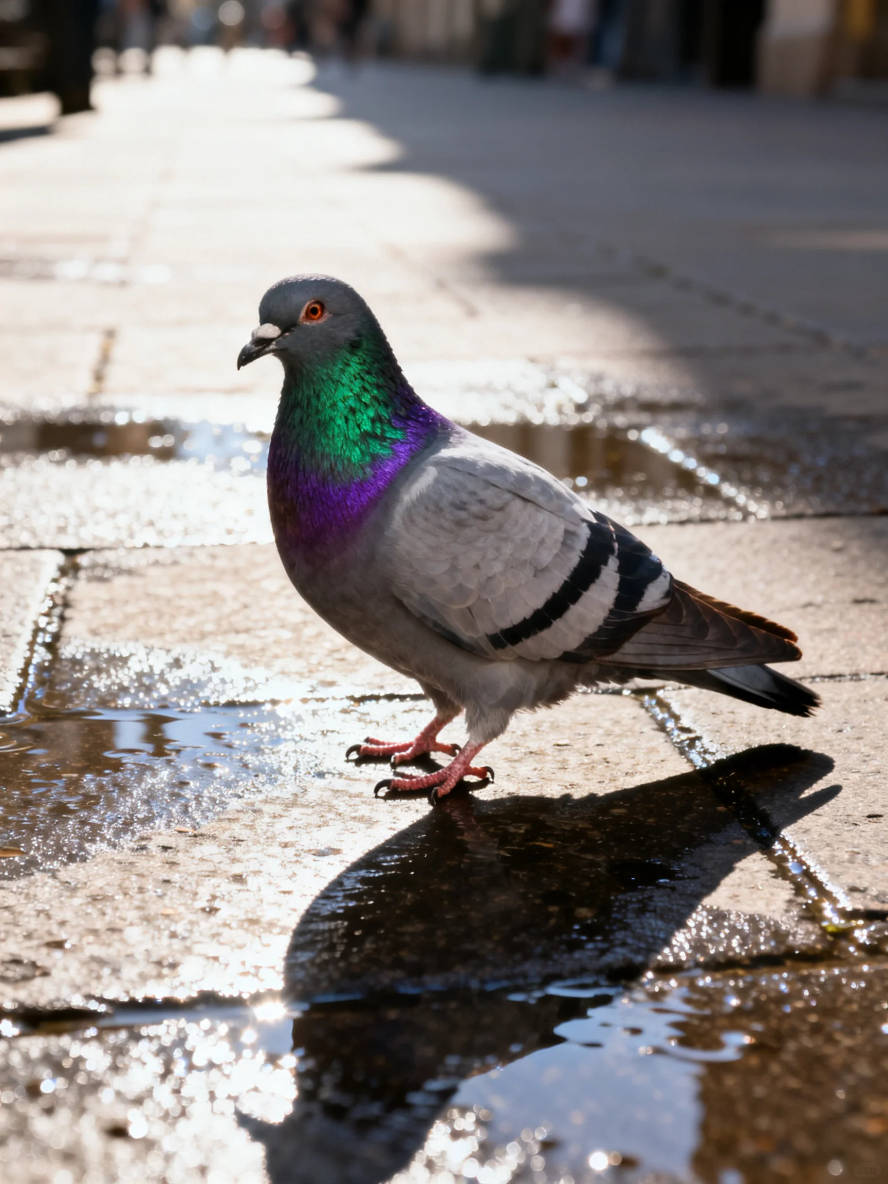 A pigeon with colorful plumage walks on wet pavement.