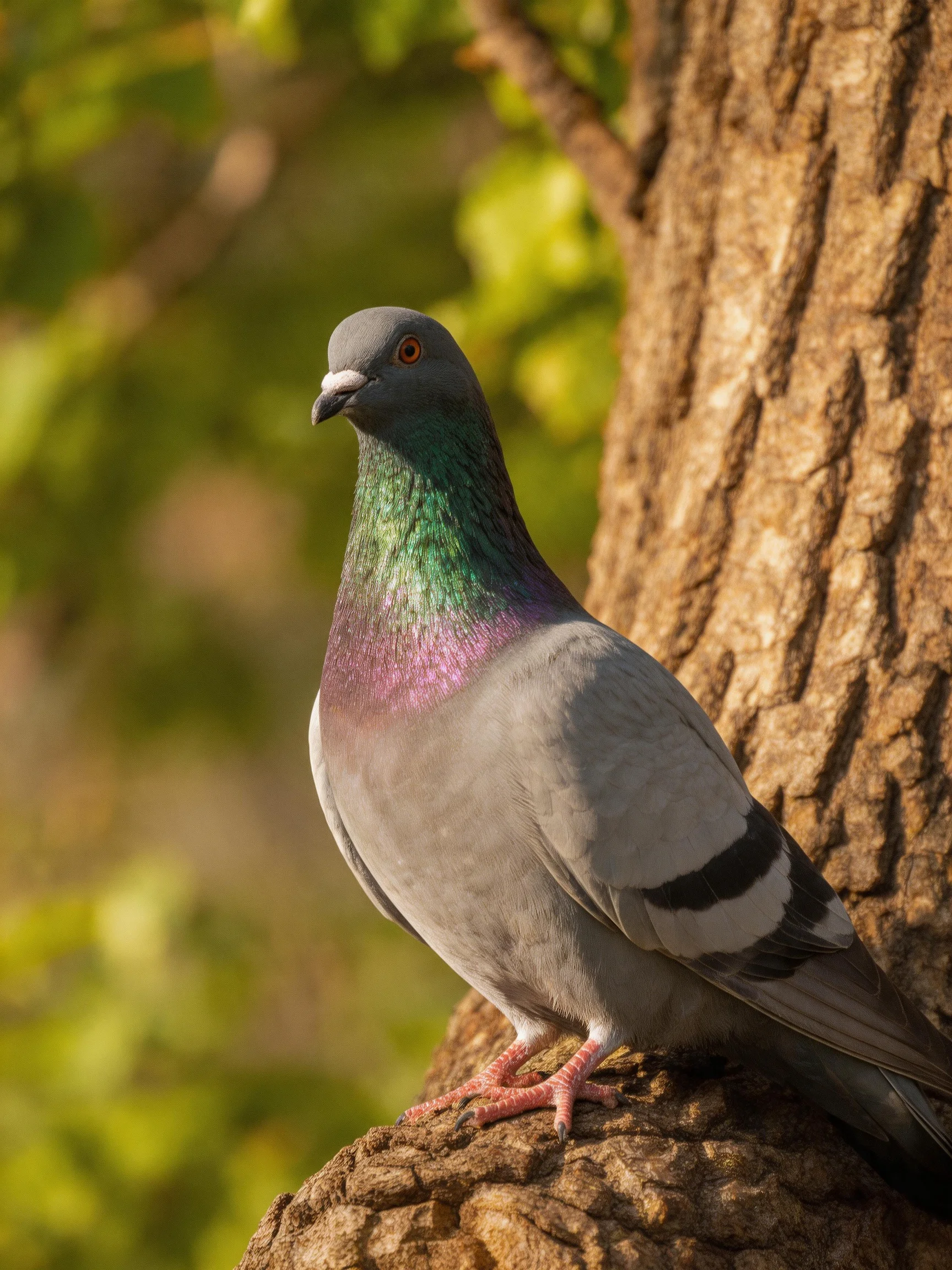 A pigeon with iridescent green-purple neck perched beside a rough-barked tree