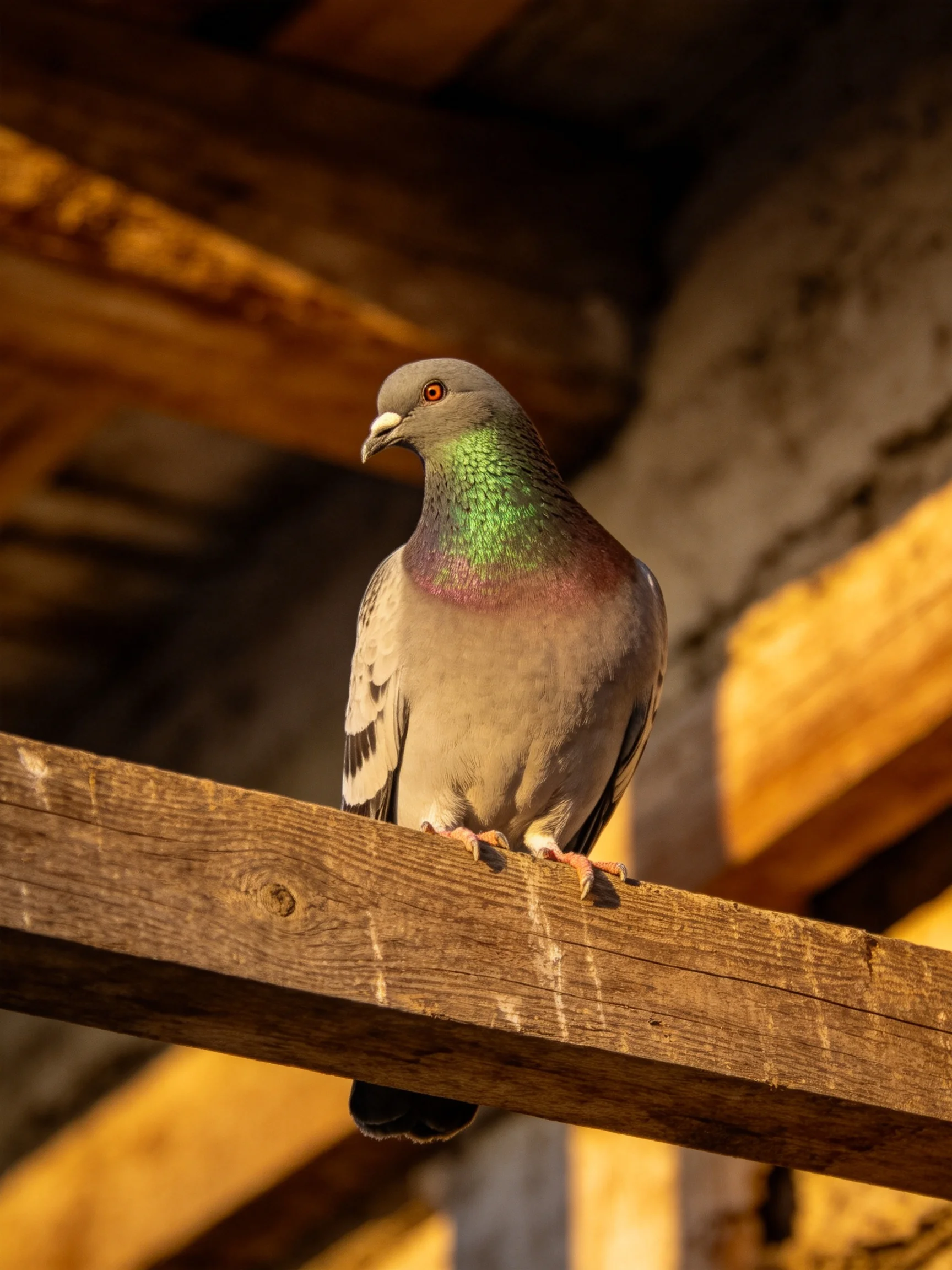 A pigeon with iridescent green-purple neck perches on weathered wooden beams