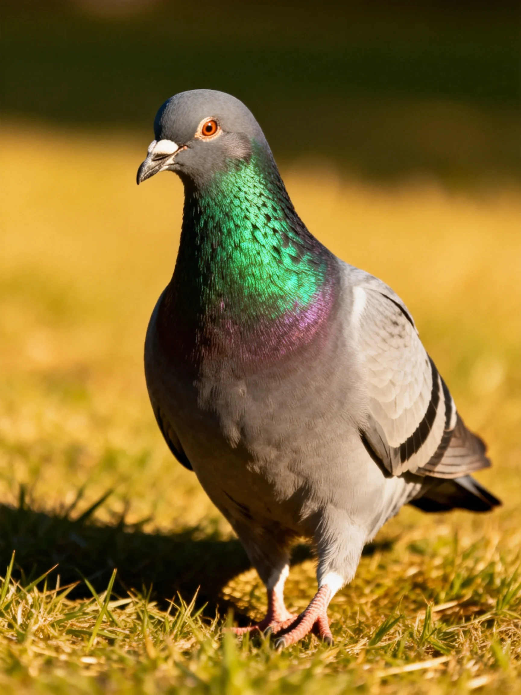 A pigeon with iridescent green-purple neck standing on golden grass