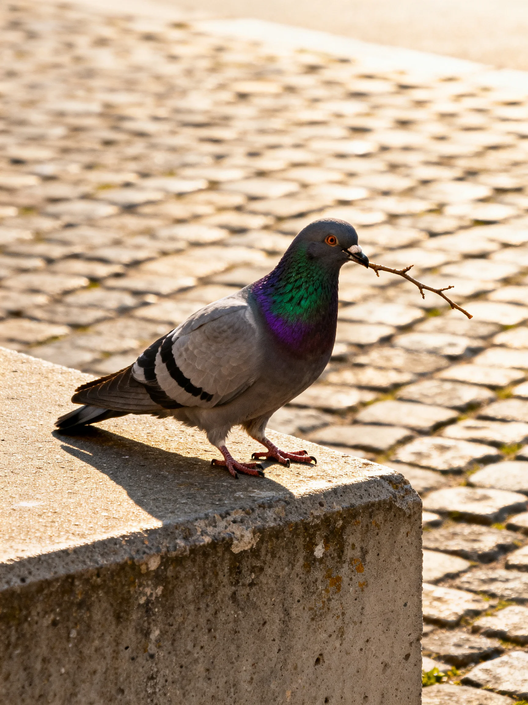A pigeon with iridescent green-purple plumage holds a twig on a concrete ledge by cobblestones