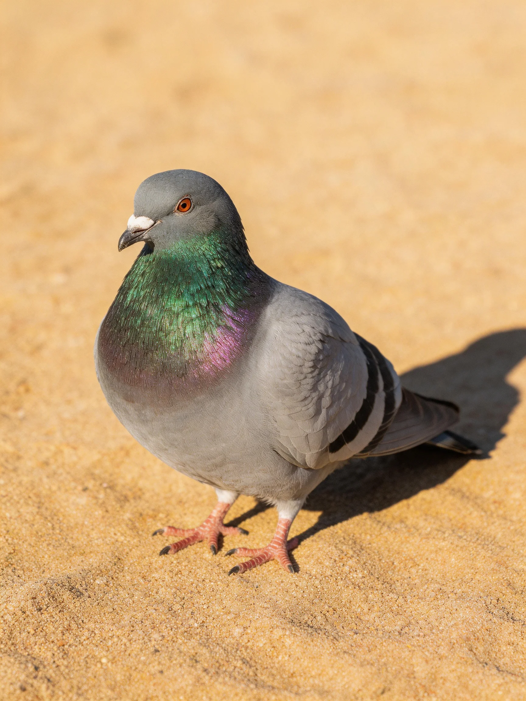 A pigeon with iridescent green-purple plumage on sandy terrain