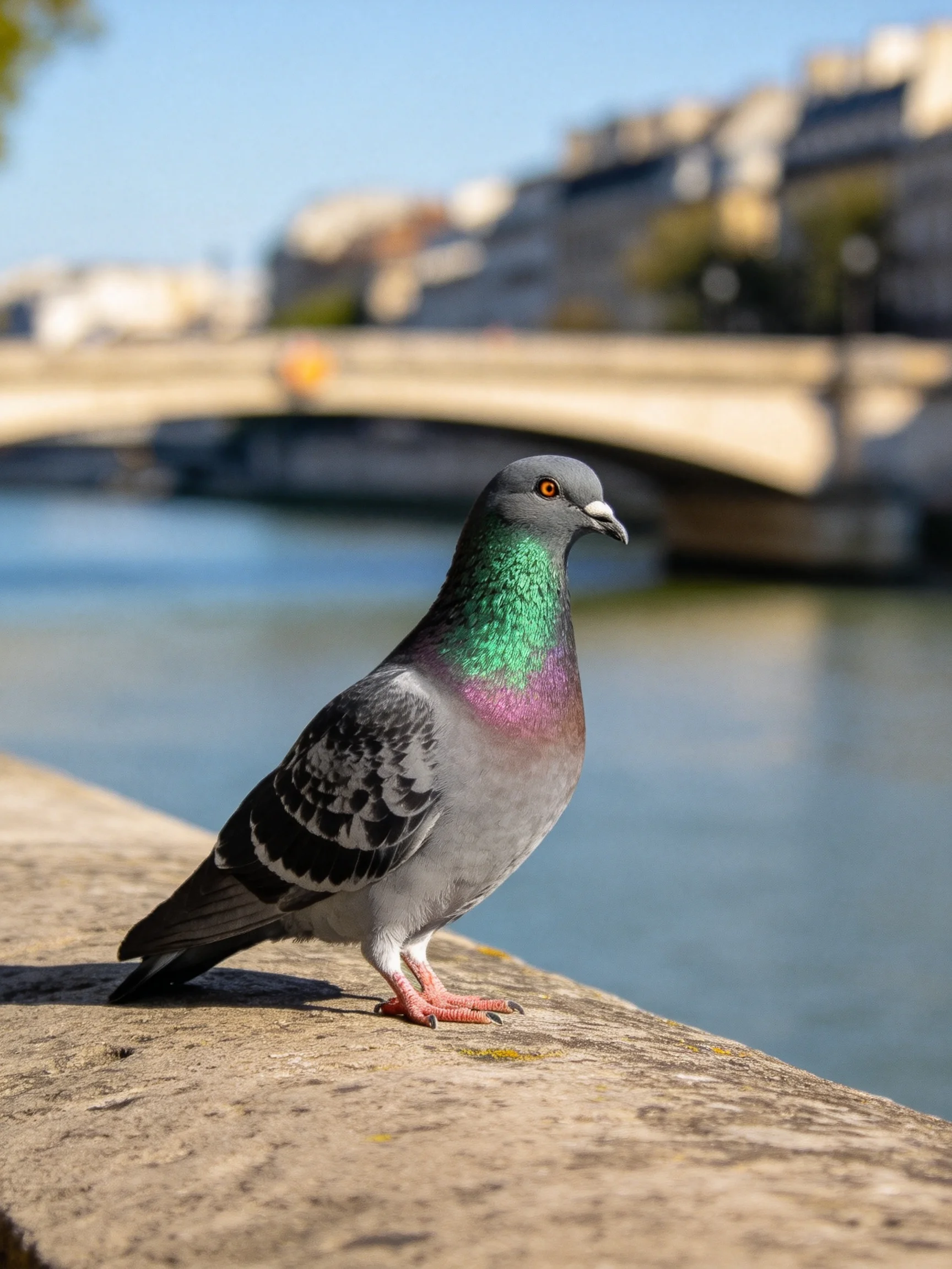 A pigeon with iridescent green-purple plumage perched by a river