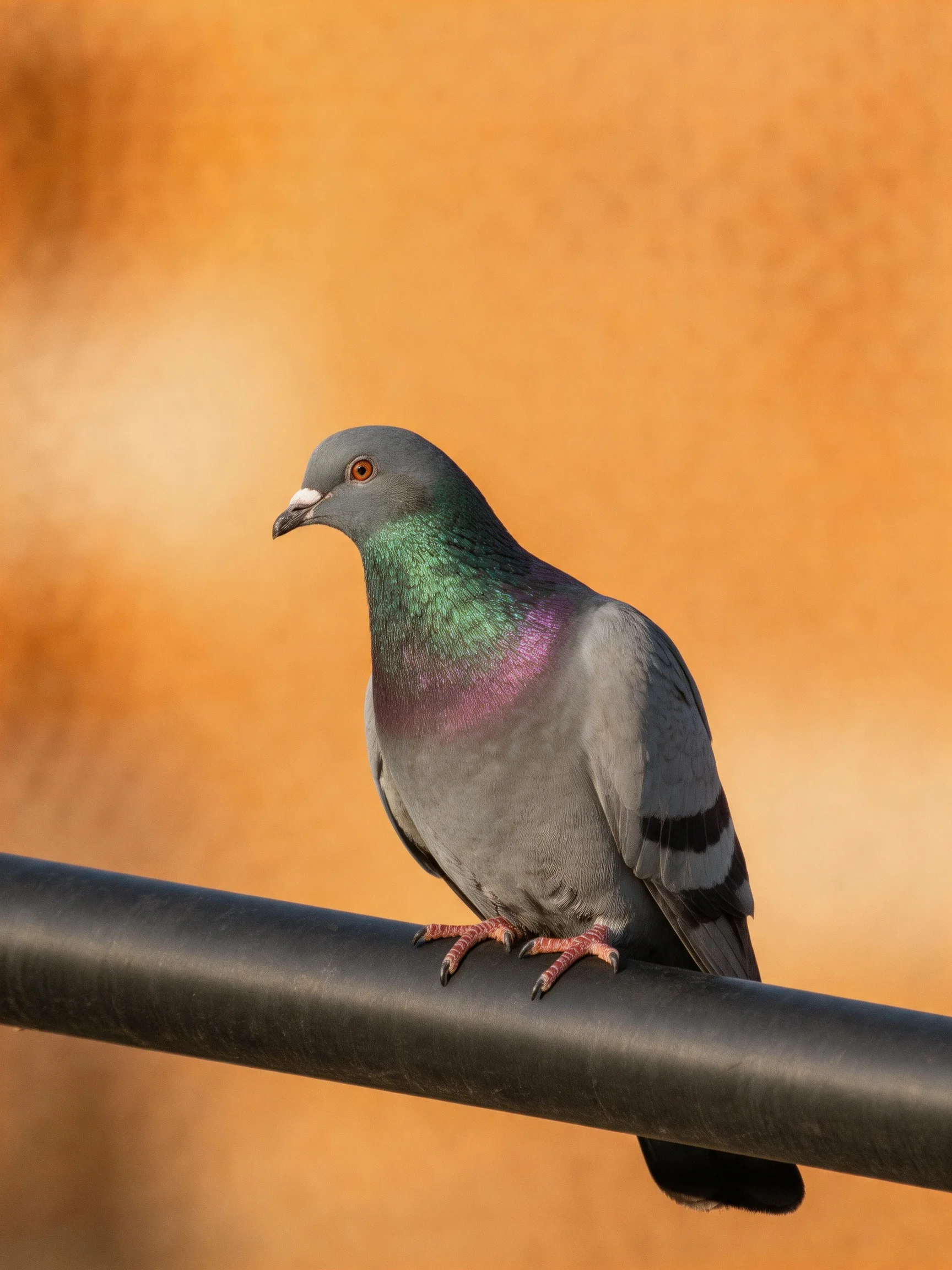 A pigeon with iridescent green-purple plumage perches on a dark metal bar