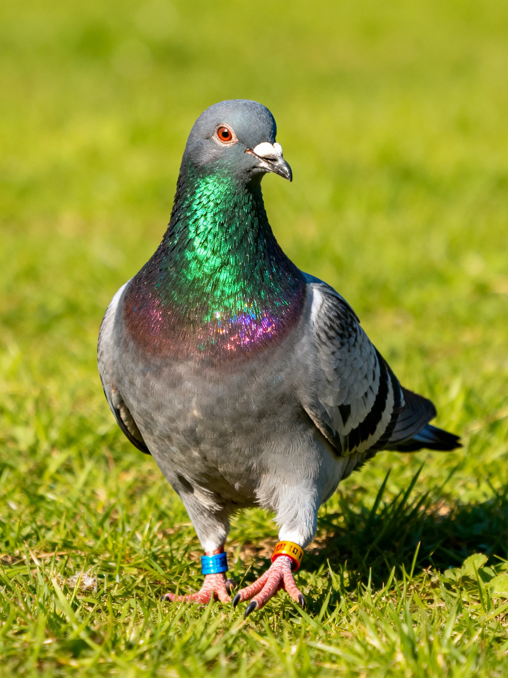 A pigeon with iridescent green-purple plumage standing on grass