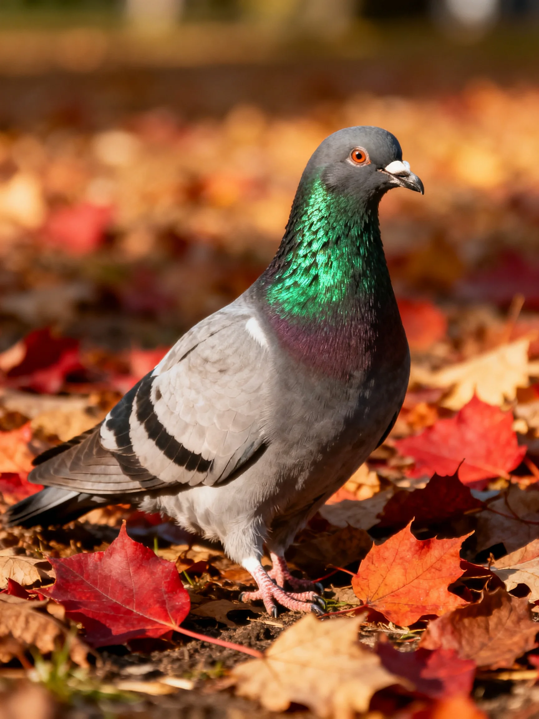 A pigeon with iridescent neck amid colorful autumn foliage