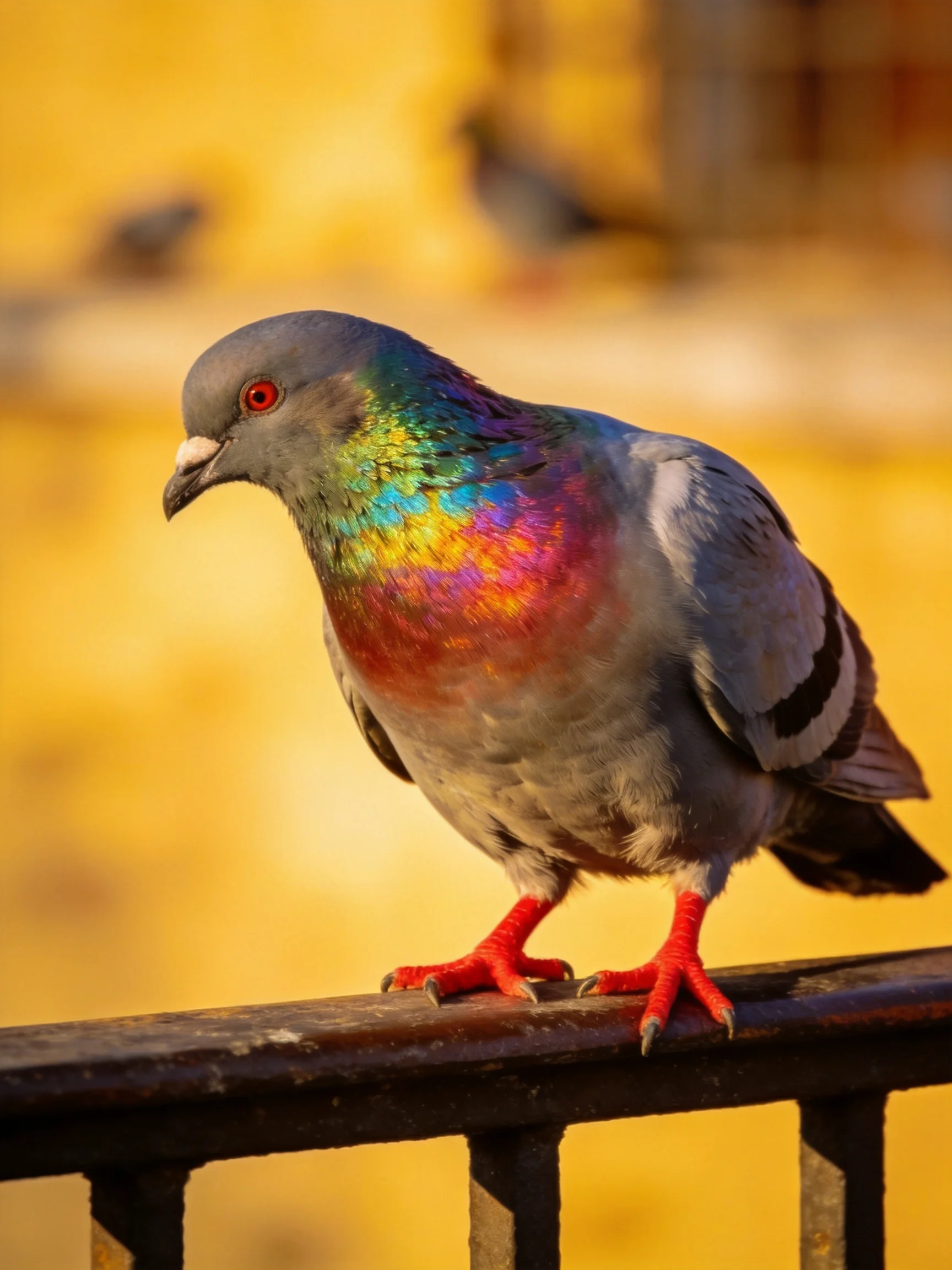 A pigeon with iridescent neck and red feet perched on a dark railing