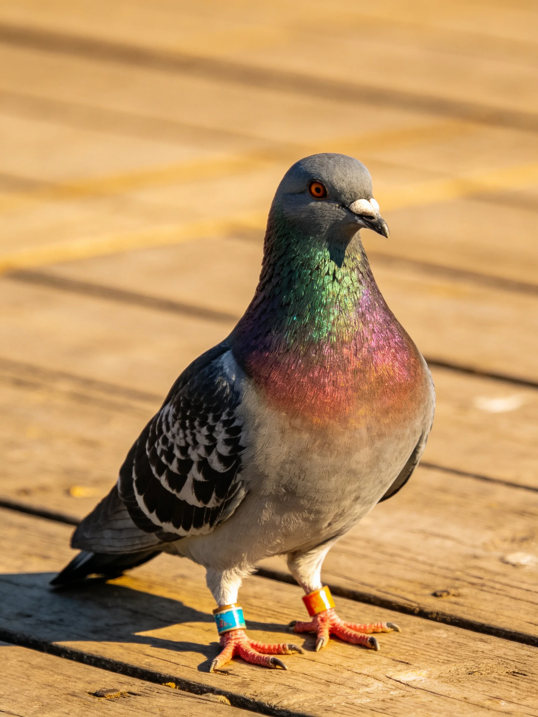 A pigeon with iridescent neck feathers and colored leg bands stands on wooden planks.