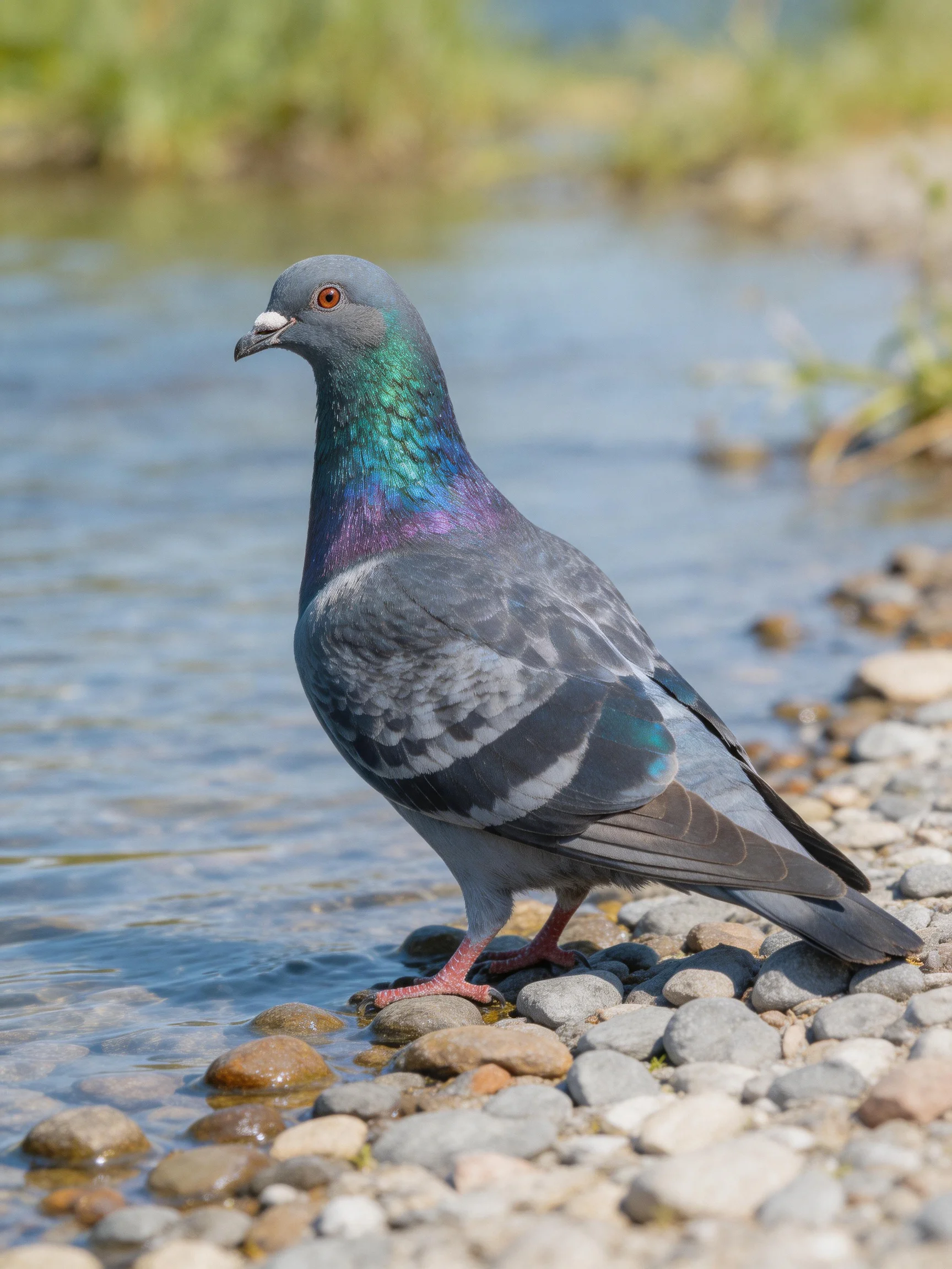 A pigeon with iridescent neck feathers by a rocky stream