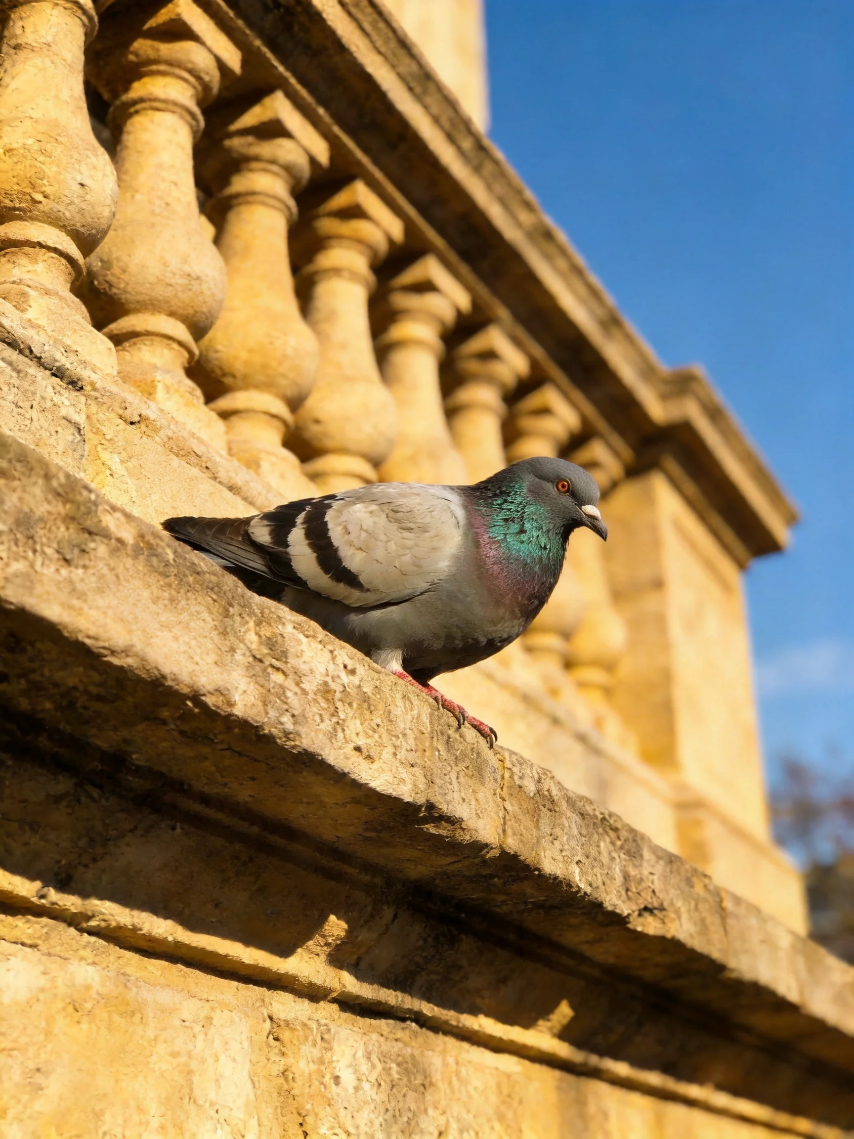 A pigeon with iridescent neck feathers perched on an aged stone ledge