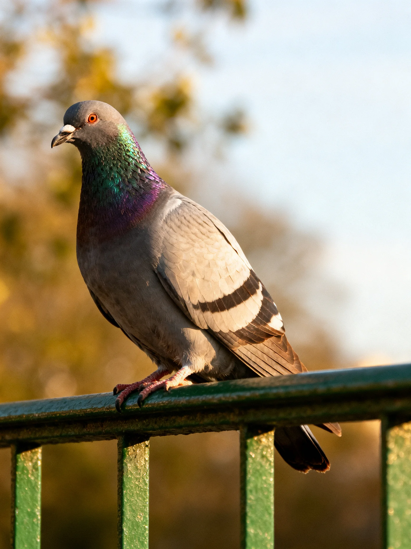 A pigeon with iridescent neck feathers perches on a green metal railing
