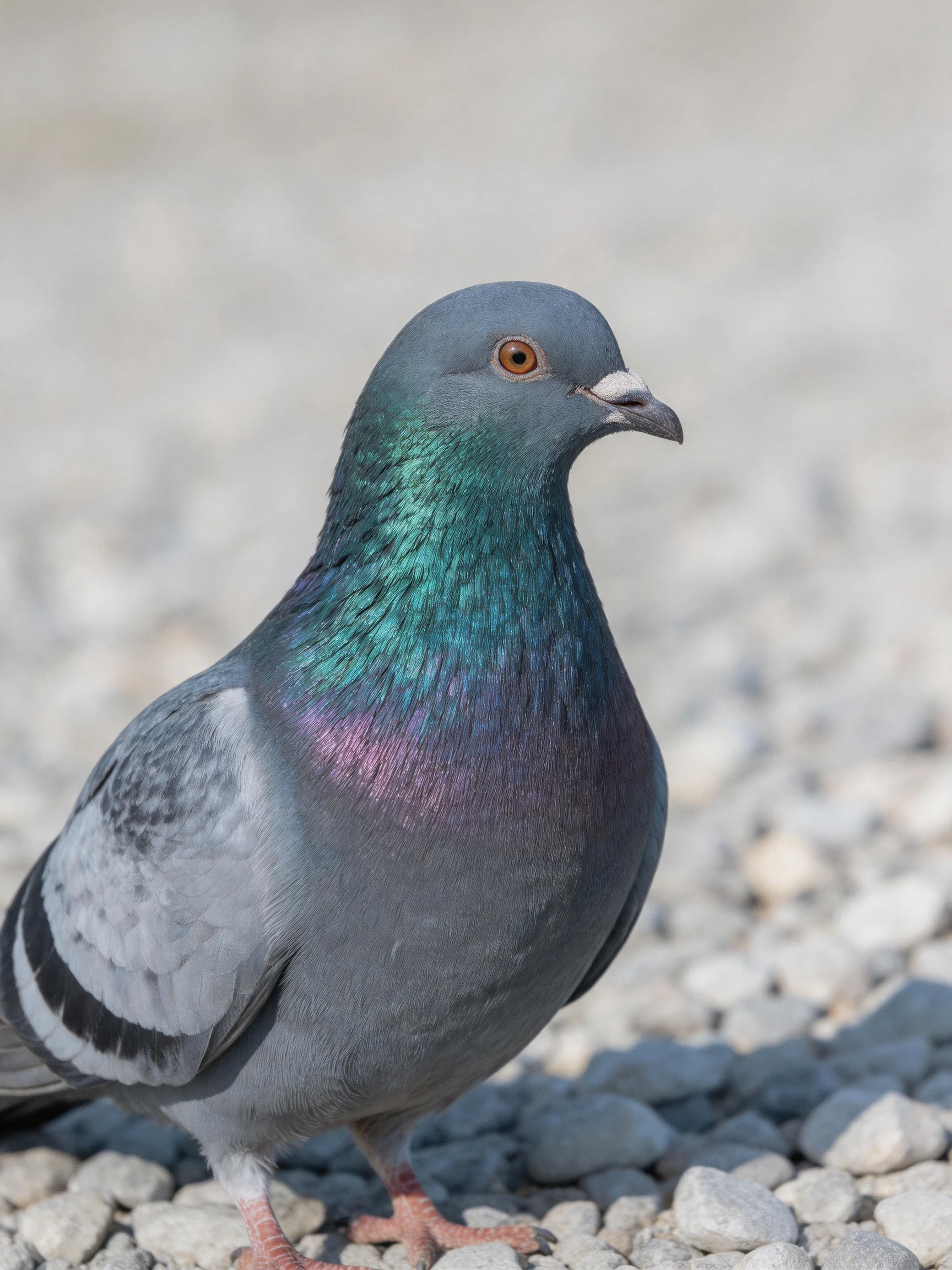 A pigeon with iridescent neck feathers stands on small pebbles