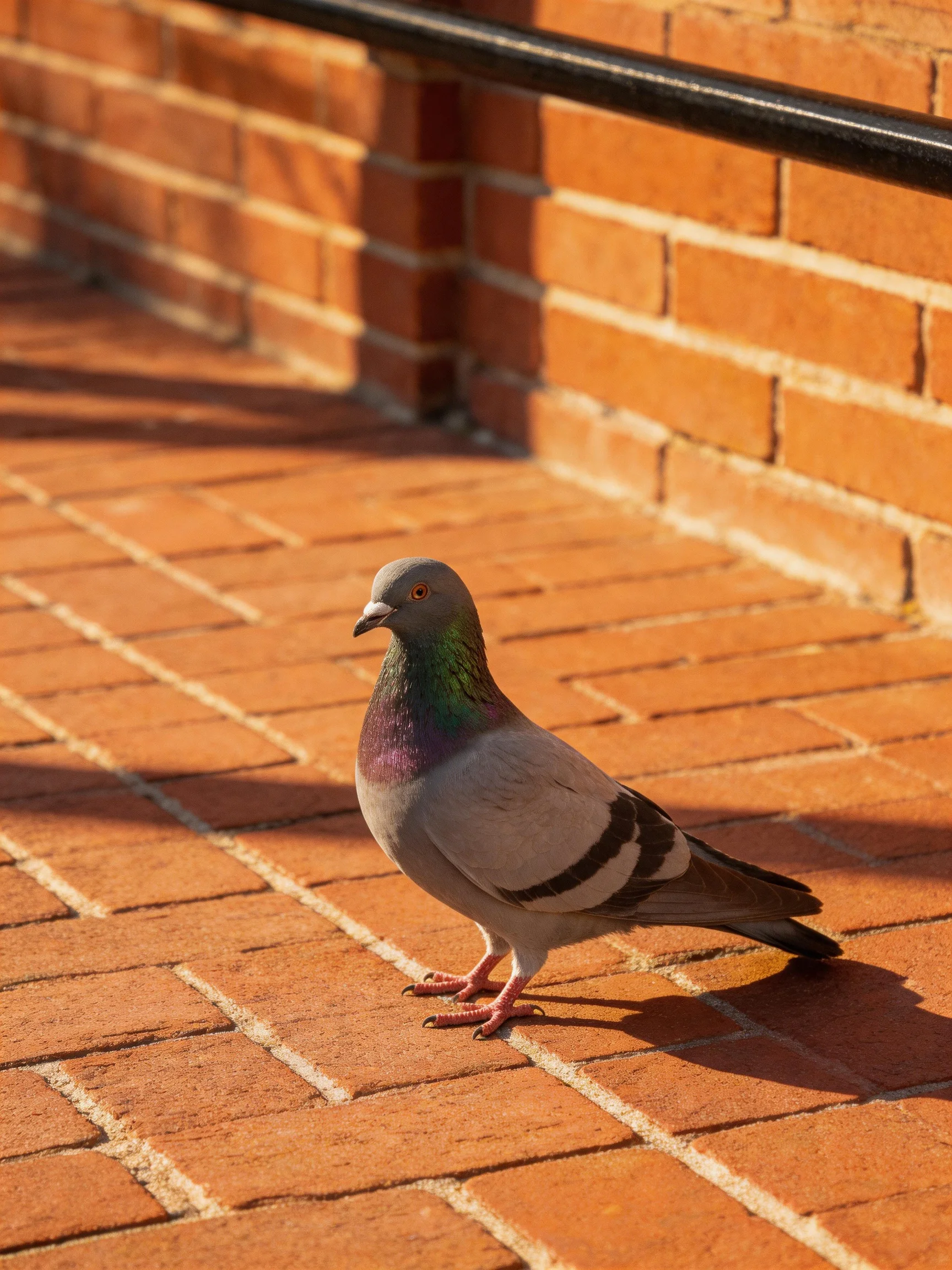 A pigeon with iridescent neck on reddish brick pavement near a wall