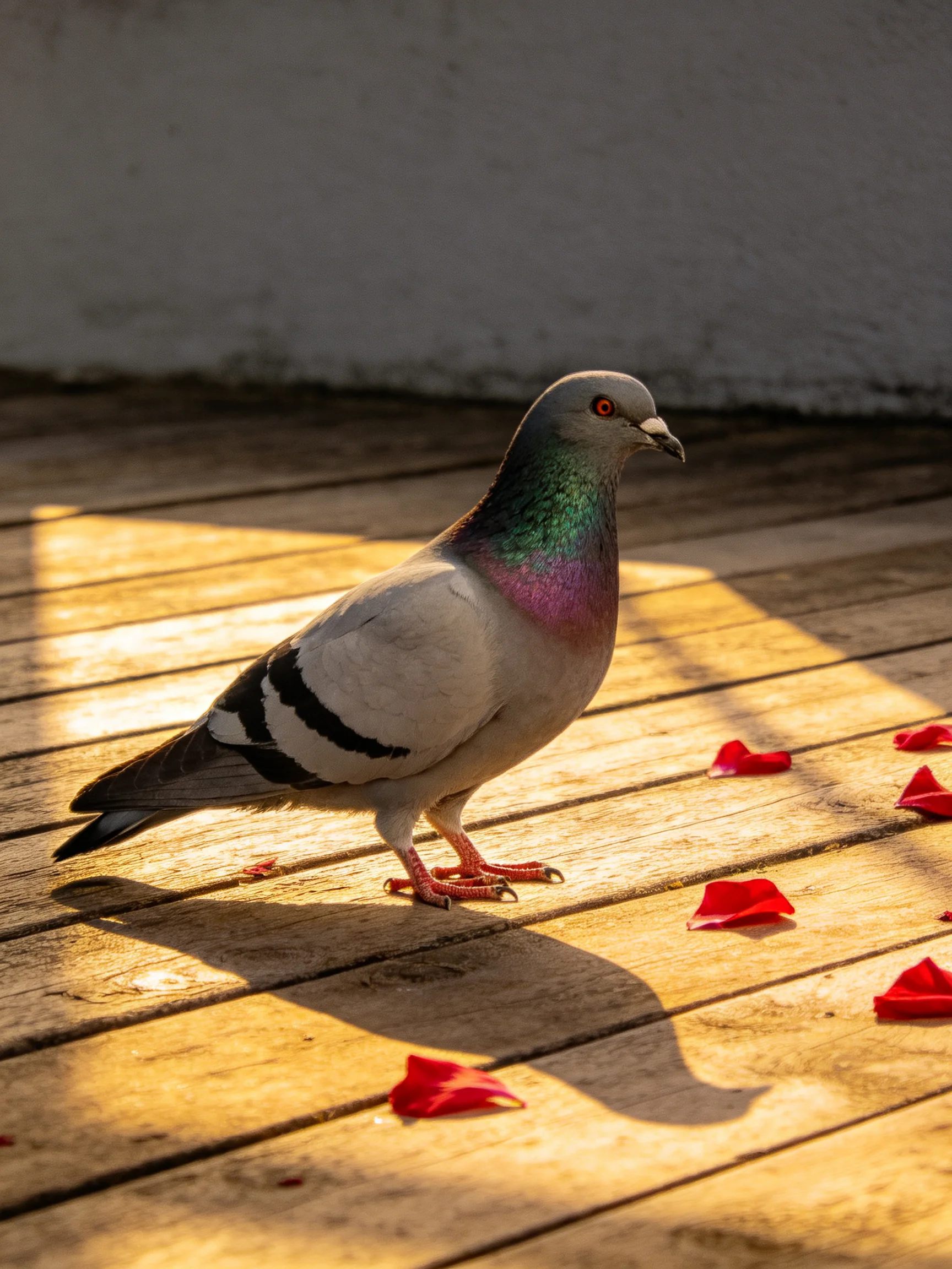 A pigeon with iridescent neck on wooden planks amid red rose petals
