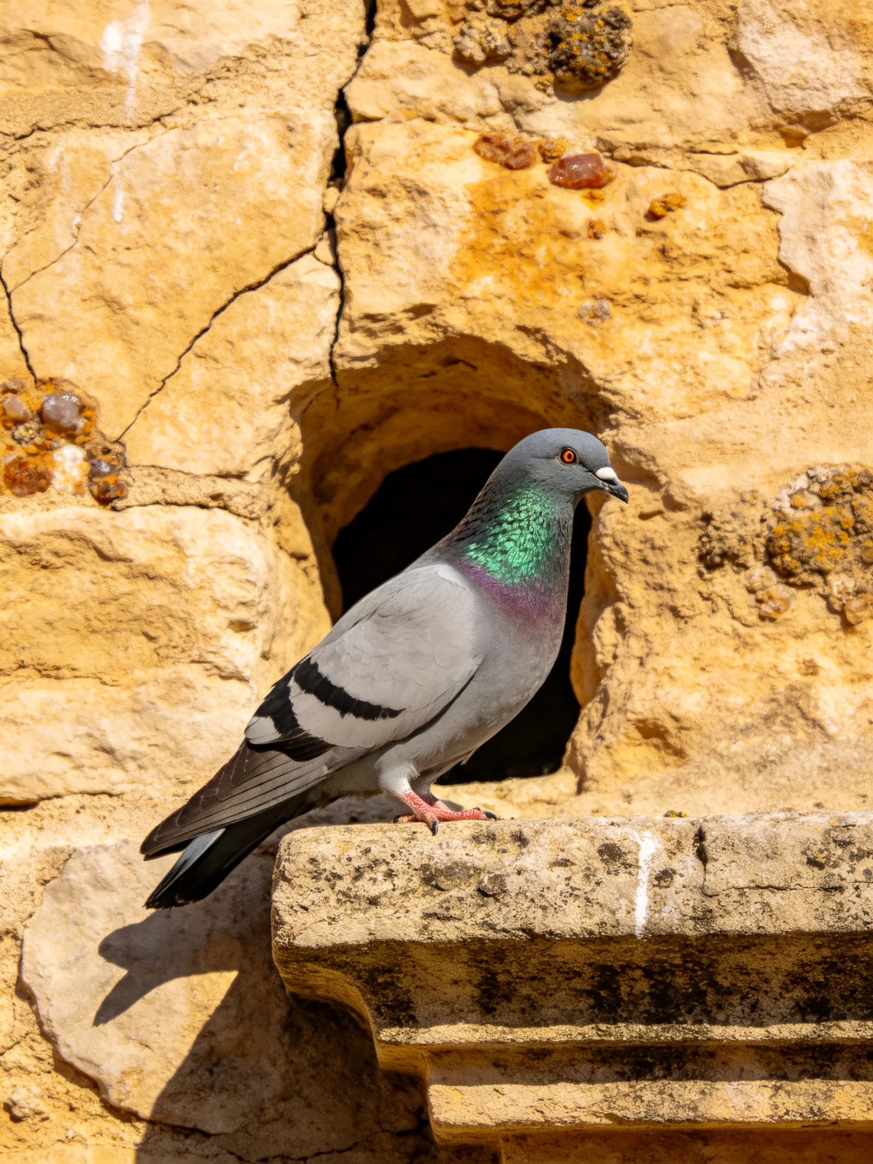 A pigeon with iridescent neck perched by a weathered stone opening