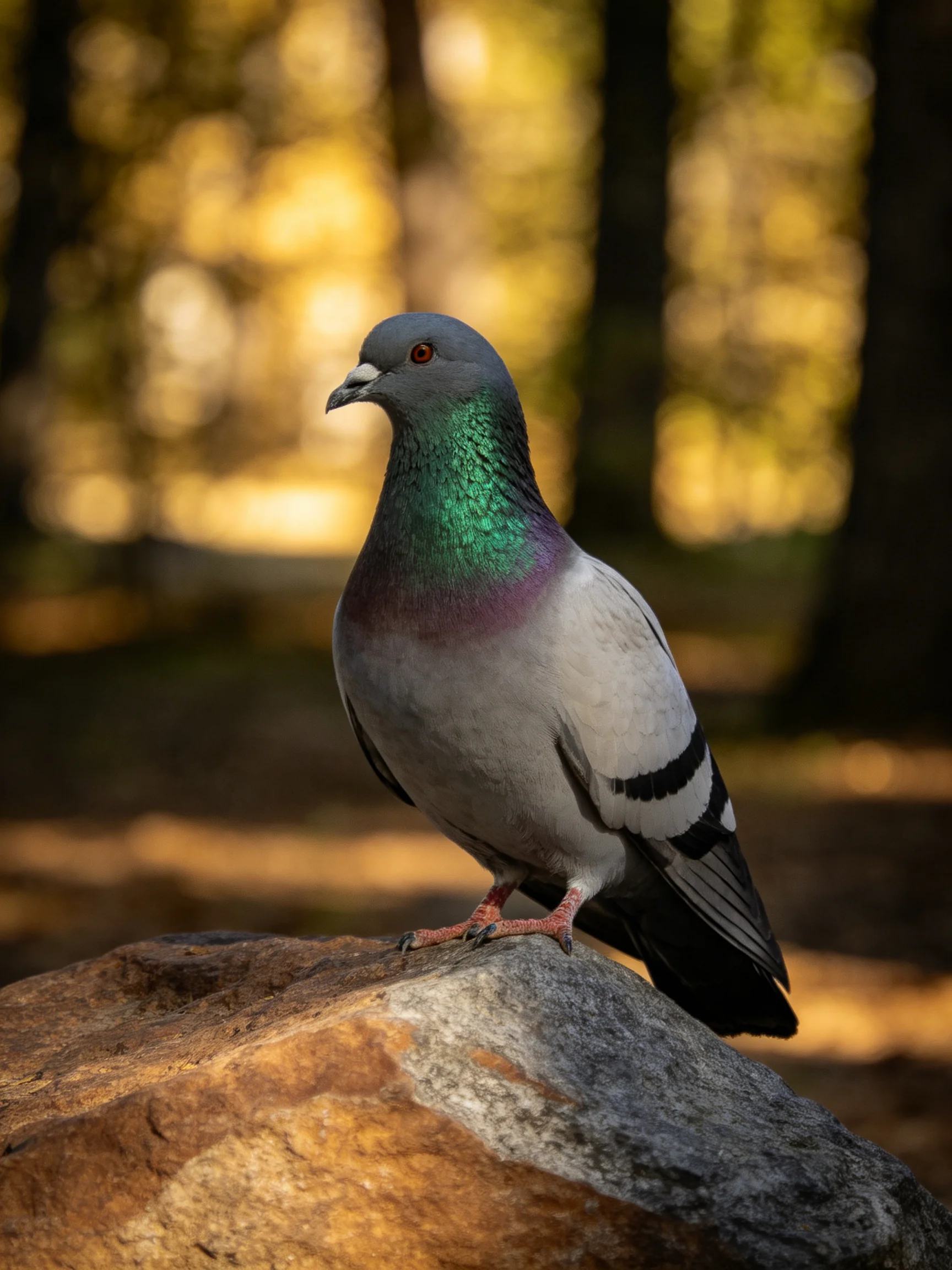 A pigeon with iridescent neck perched on a large brown rock in a sunlit forest