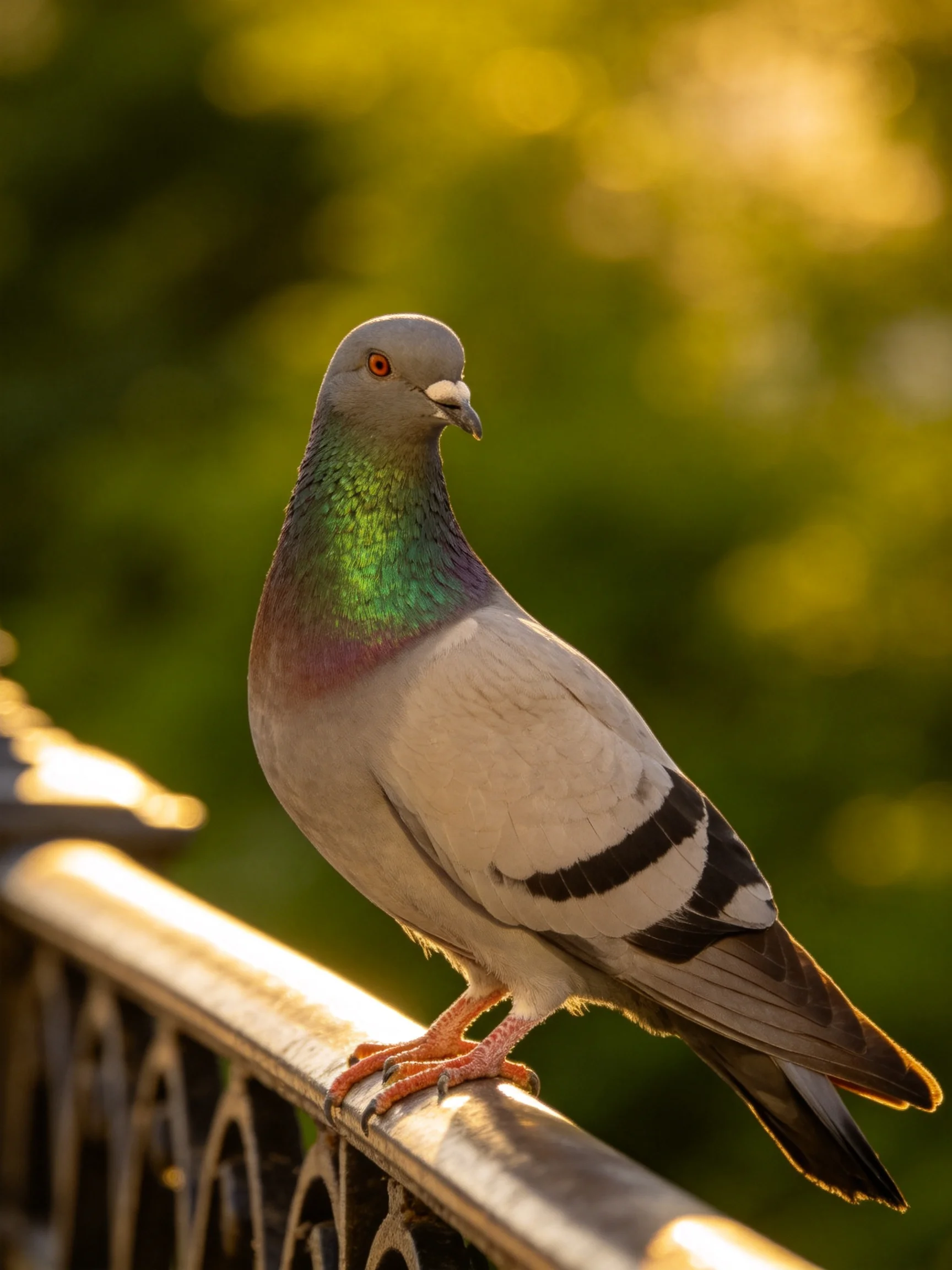 A pigeon with iridescent neck perched on a metal railing