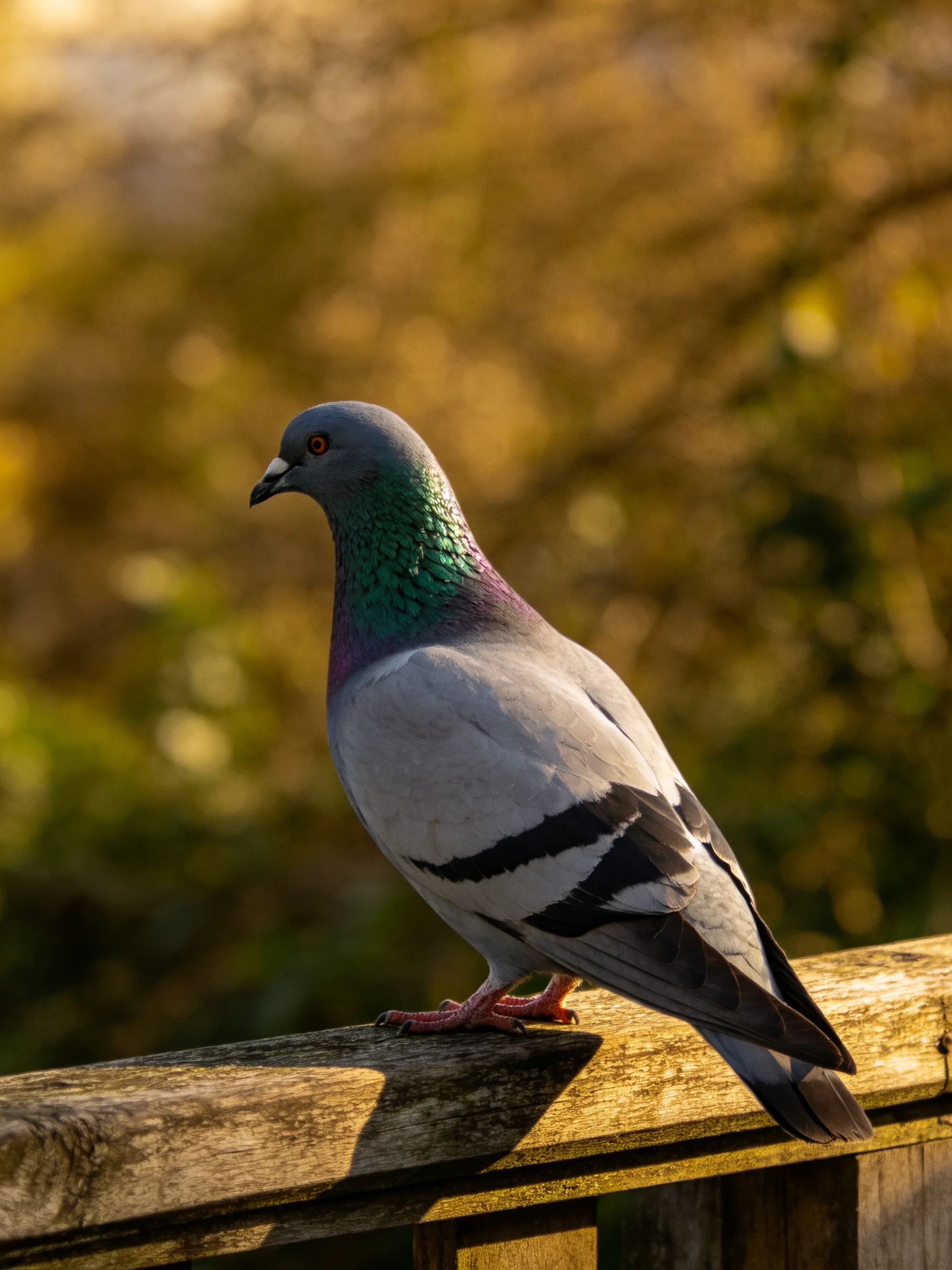 A pigeon with iridescent neck perched on a weathered wooden railing
