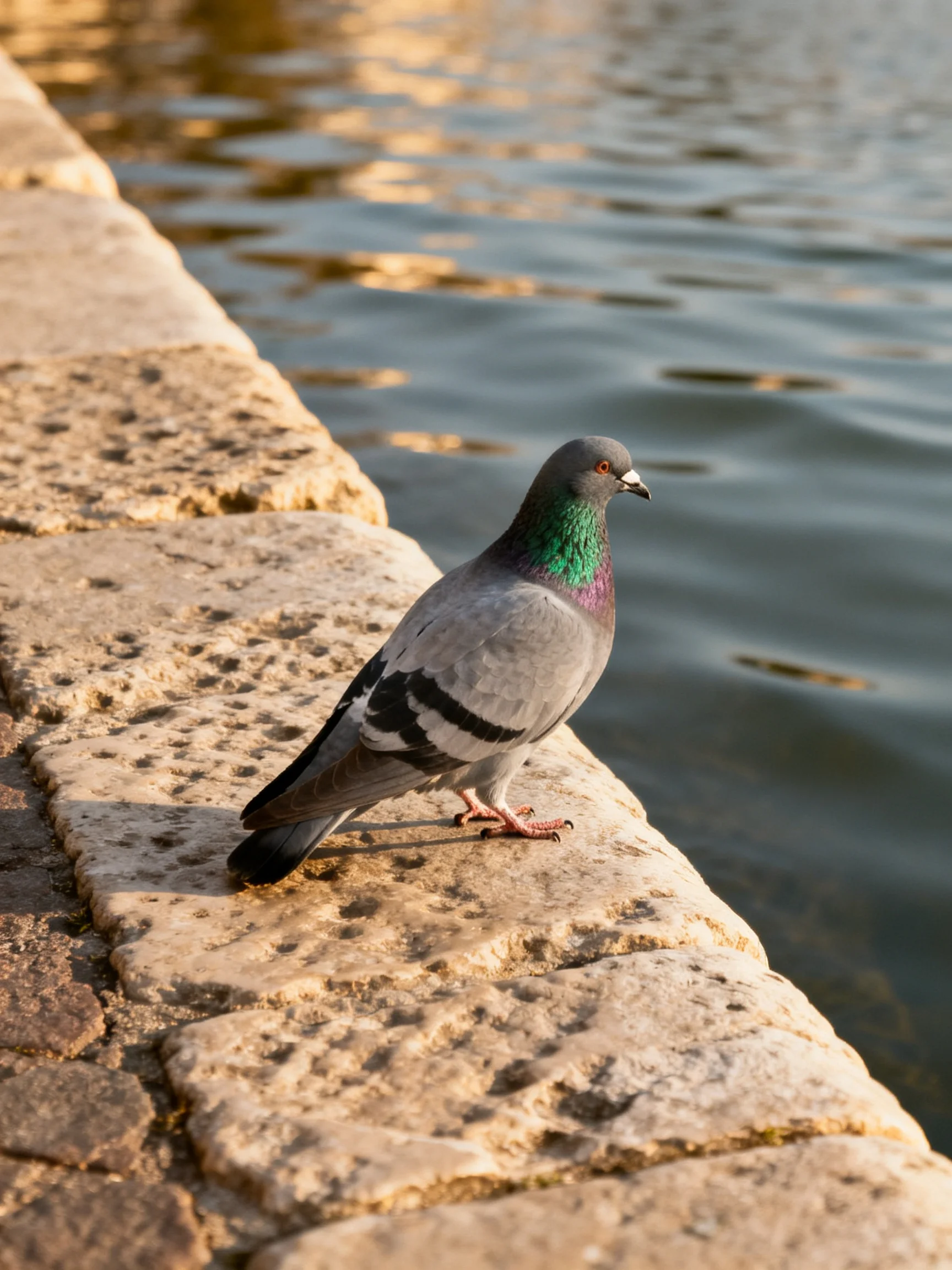 A pigeon with iridescent neck perched on aged stone near calm water