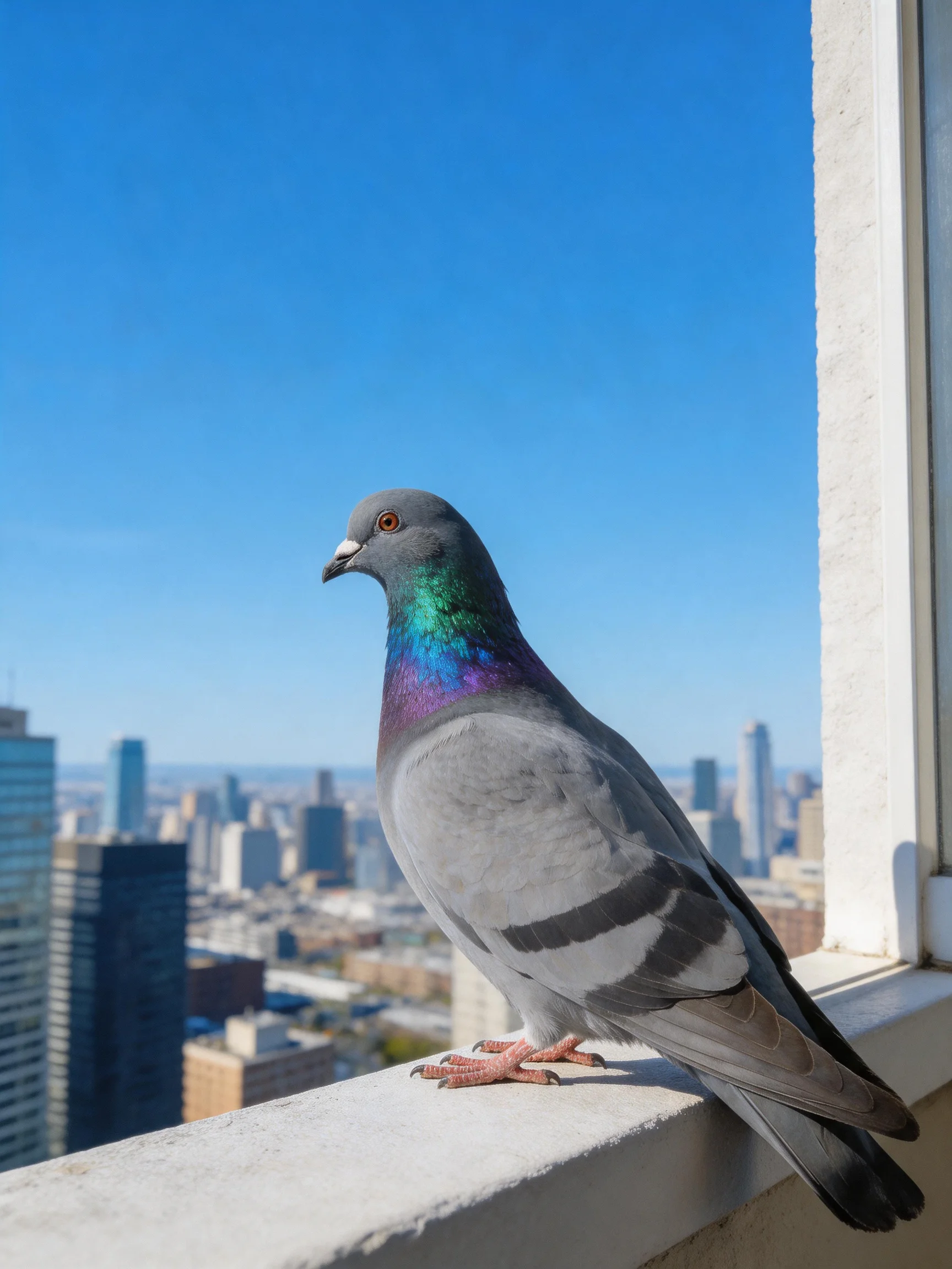 A pigeon with iridescent neck perches on a balcony overlooking a city skyline