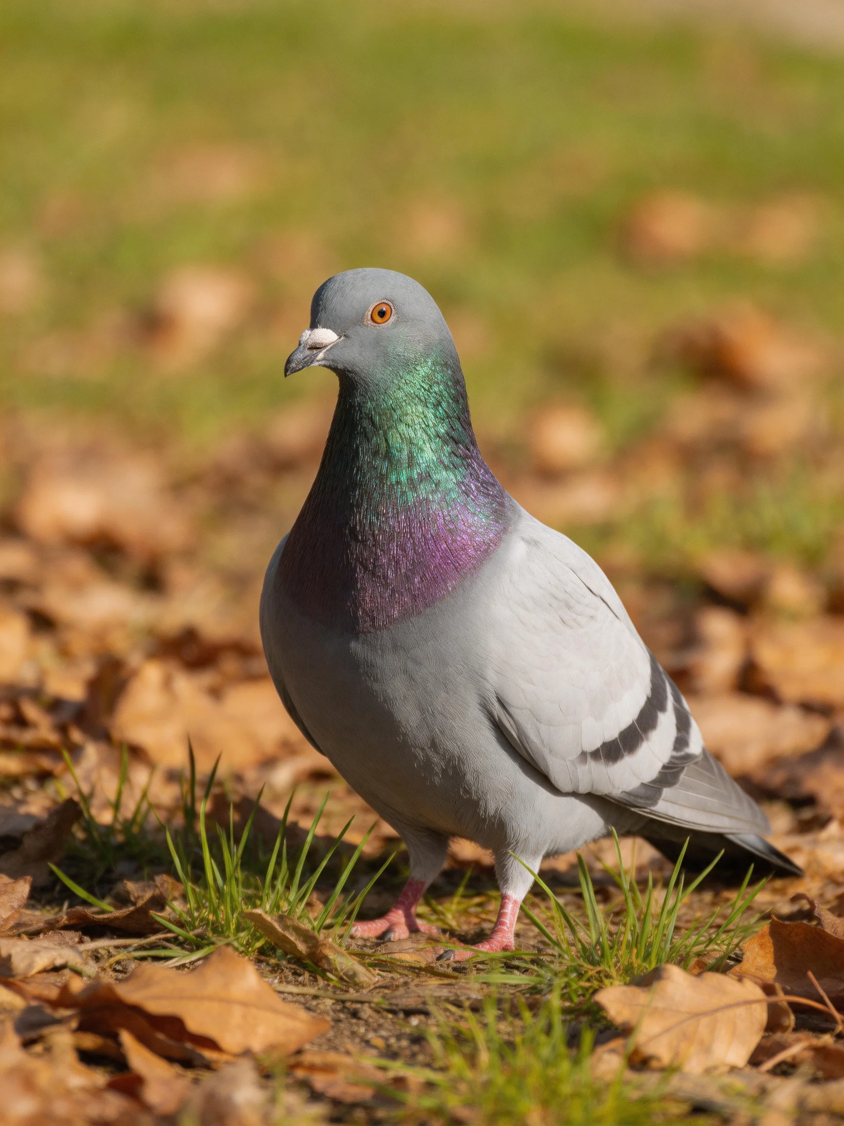 A pigeon with iridescent neck plumage among autumn leaves