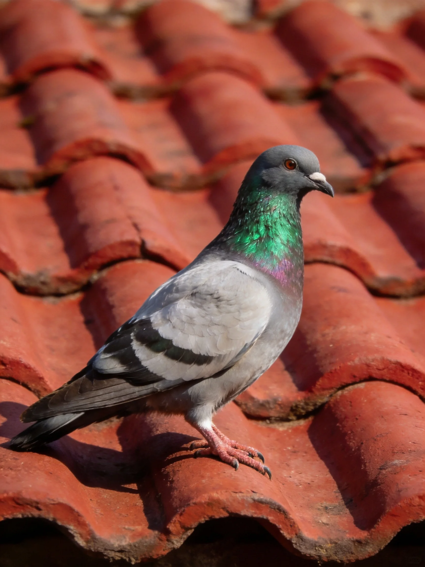 A pigeon with iridescent neck rests on red terracotta roof tiles.