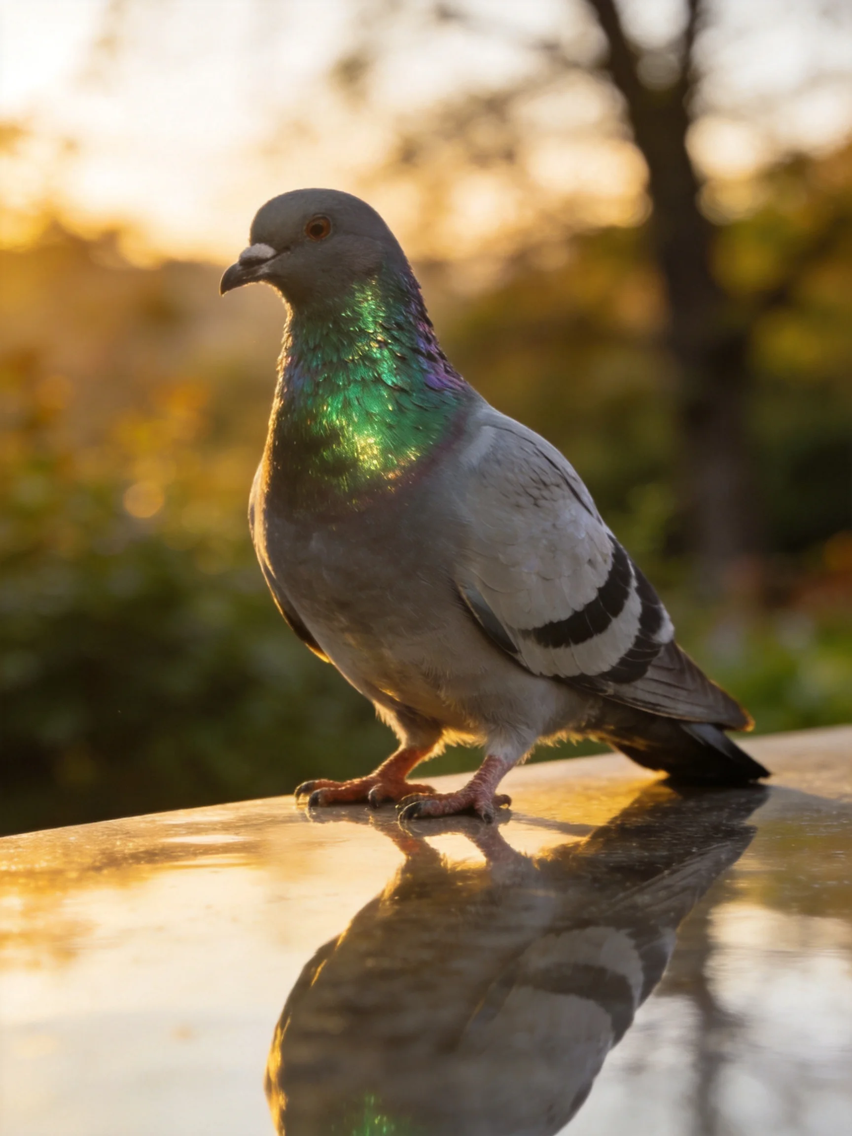 A pigeon with iridescent neck stands on a reflective surface during golden hour