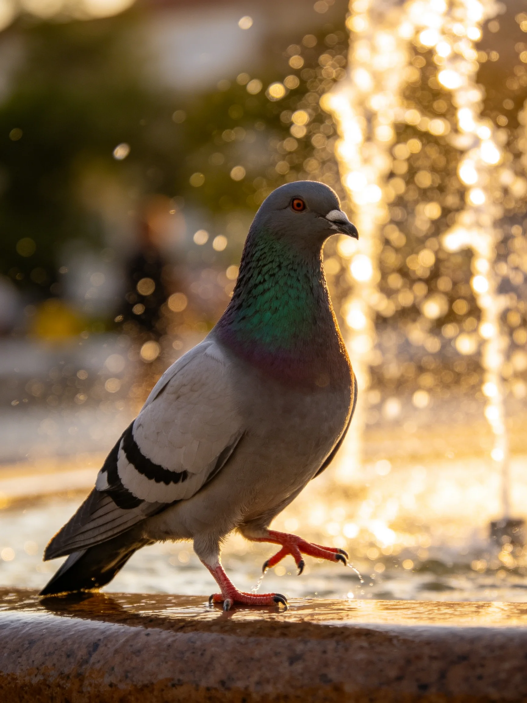 A pigeon with iridescent plumage by a glistening fountain