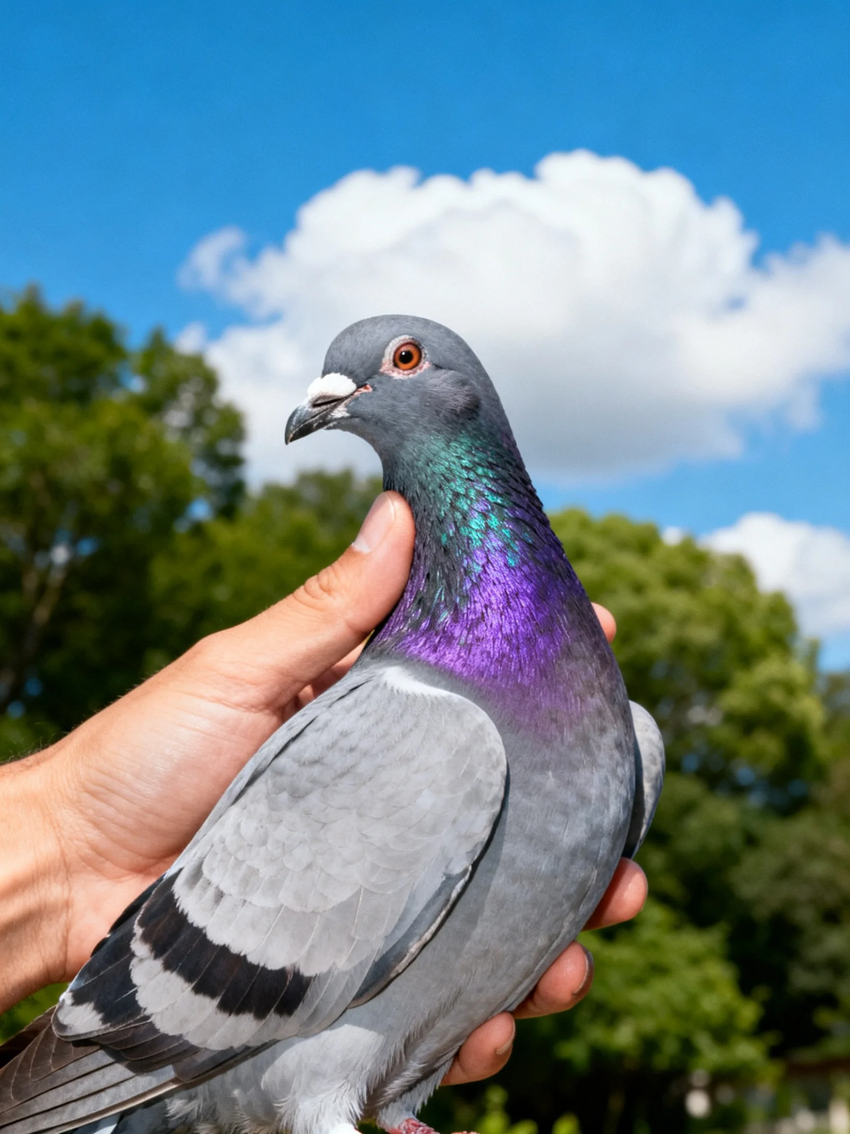 A pigeon with colorful plumage is held in a person’s hand outside.