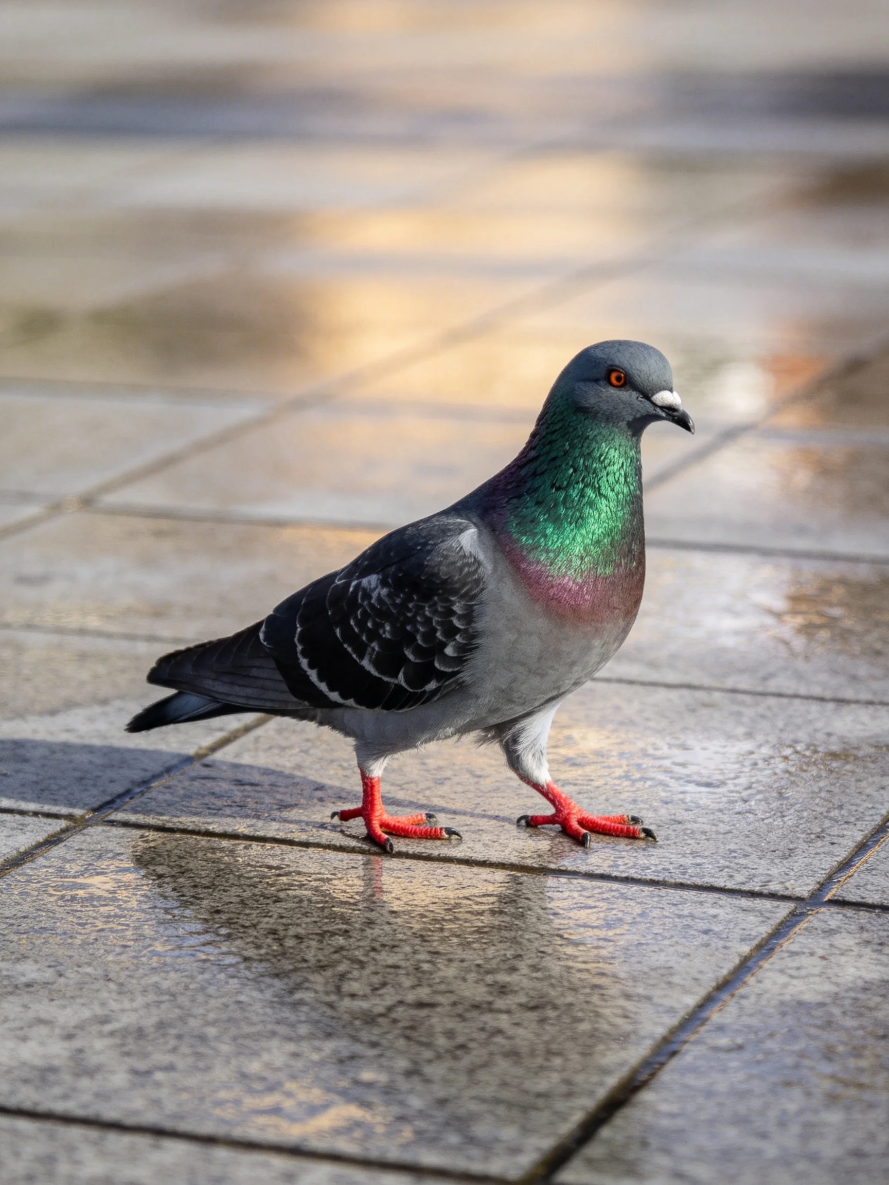 A pigeon with colorful plumage walks on wet pavement tiles.