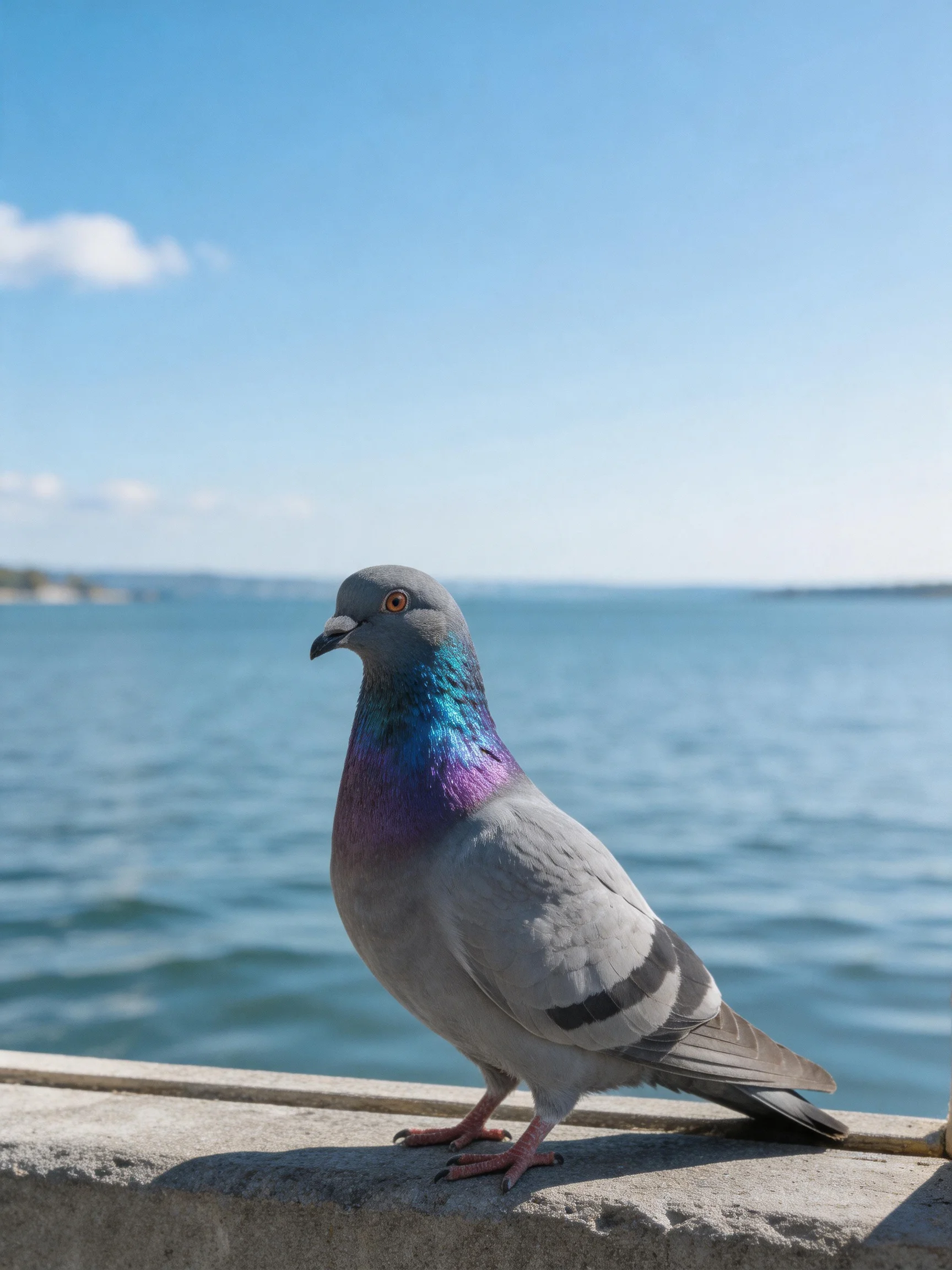A pigeon with iridescent plumage perched by calm waters