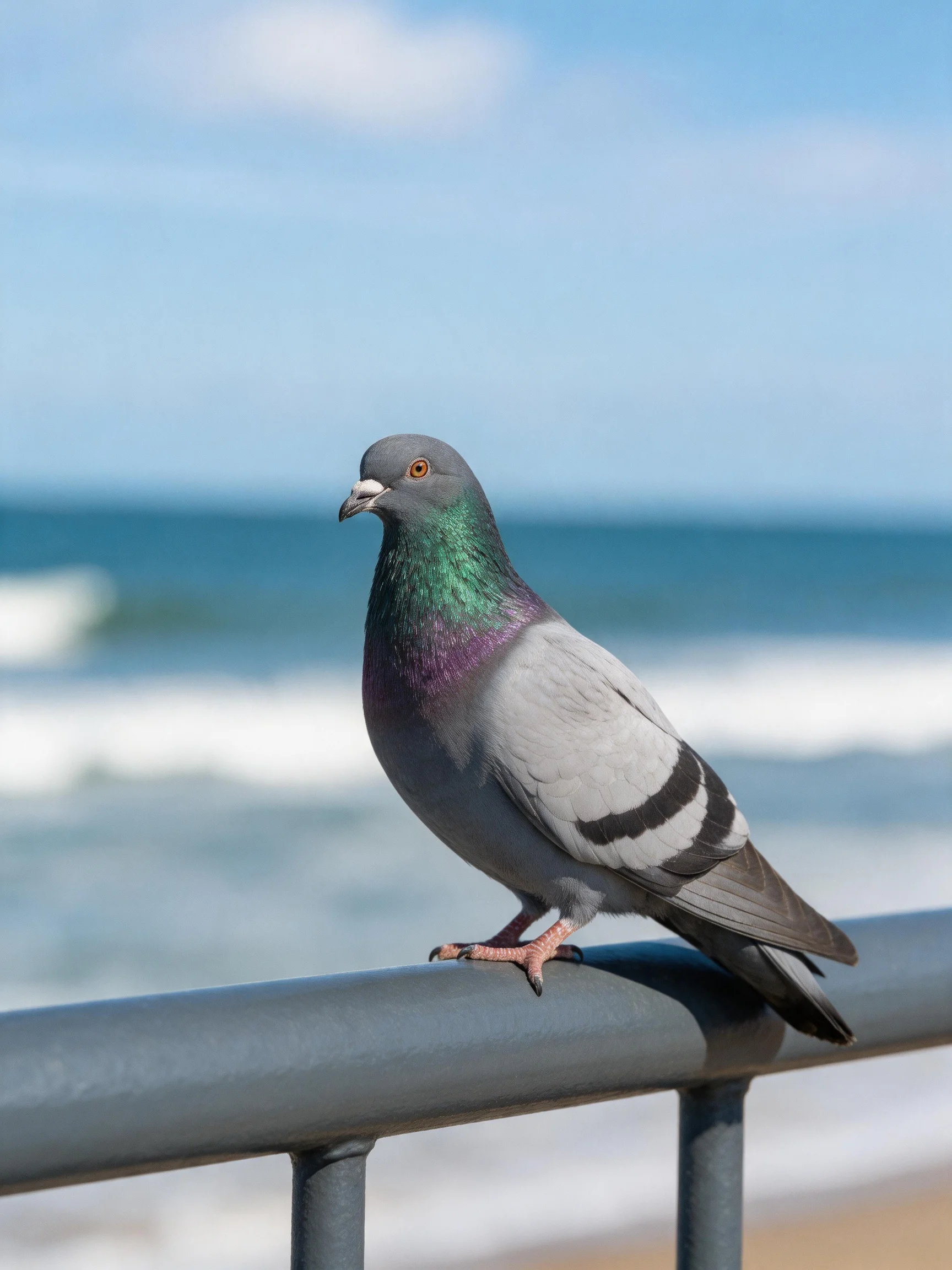 A pigeon with iridescent plumage perched by the seaside