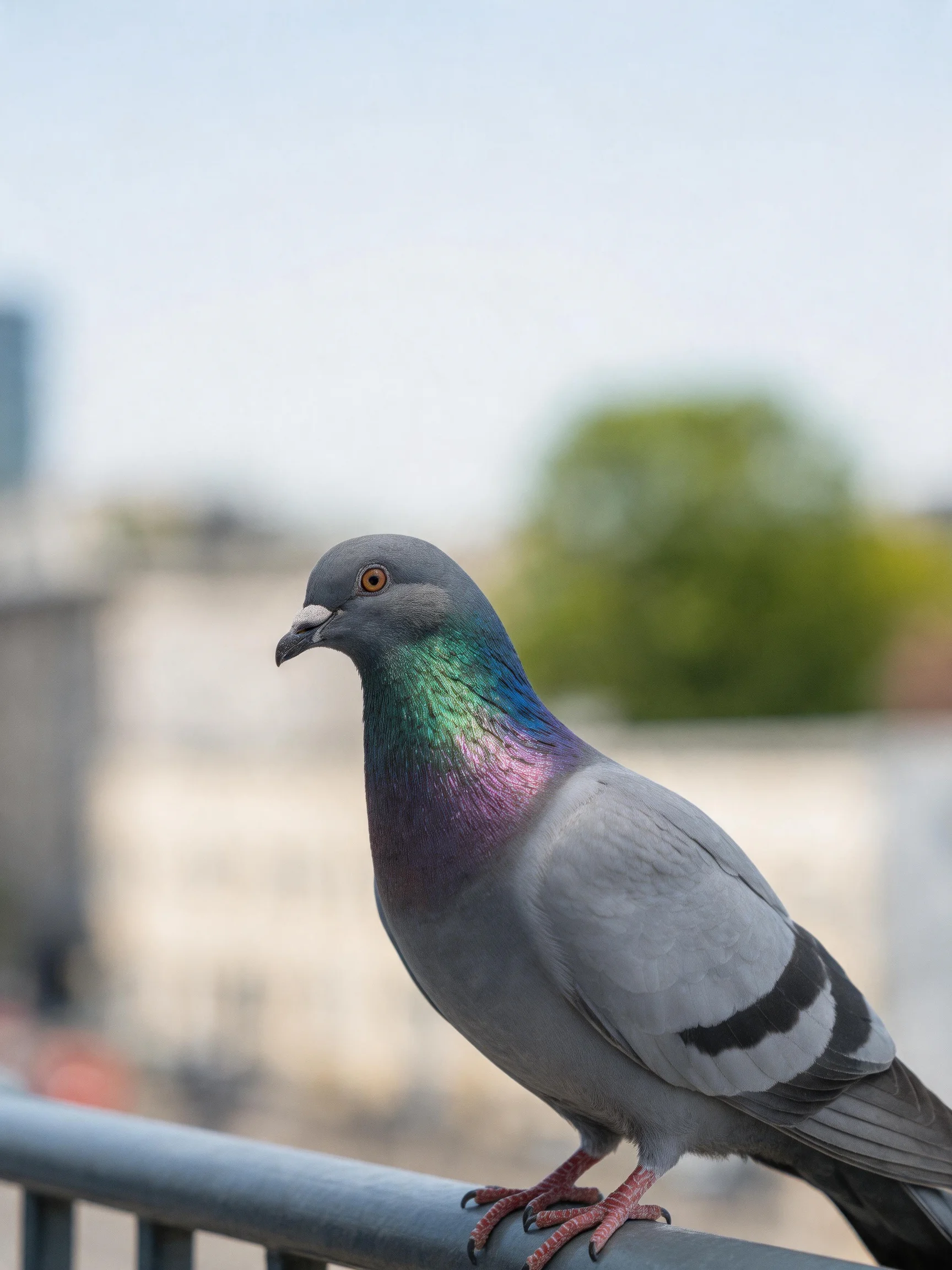 A pigeon with iridescent plumage perched on a metal railing