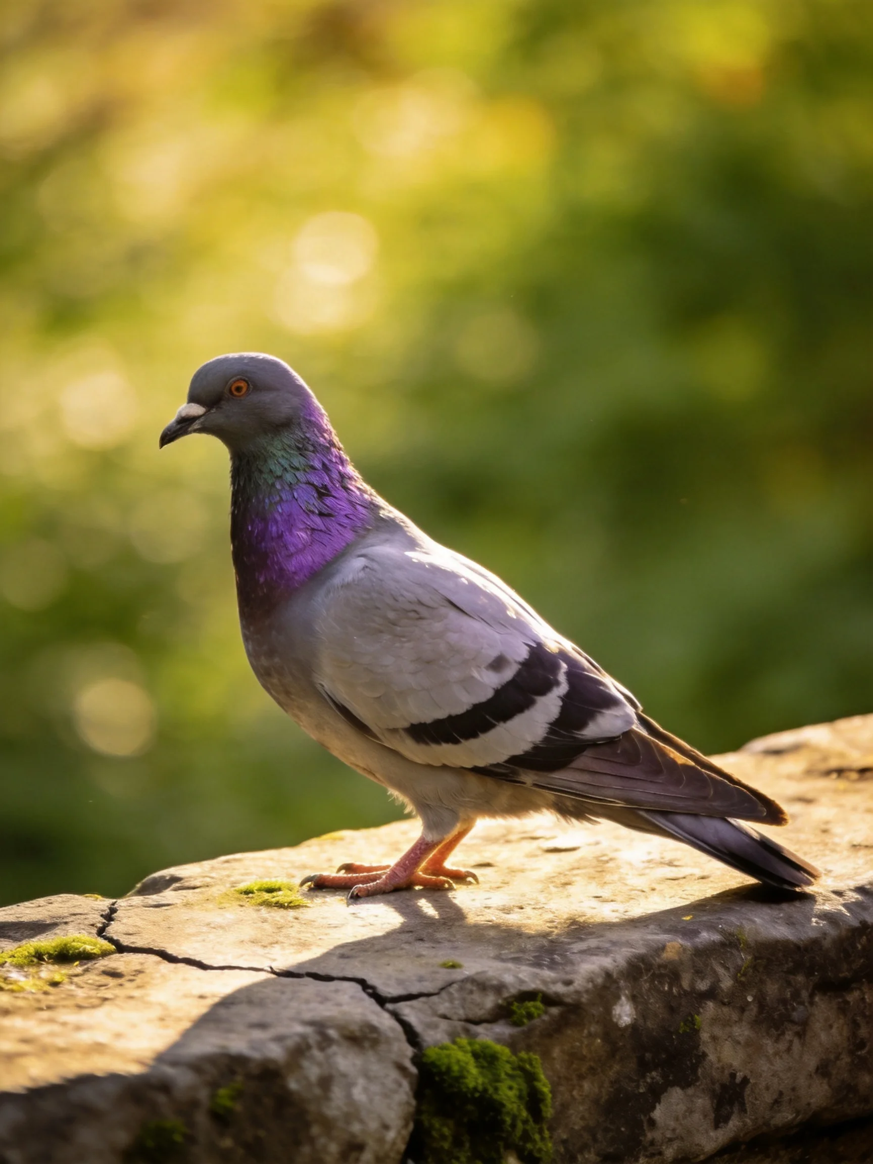 A pigeon with iridescent plumage perched on a mossy stone ledge
