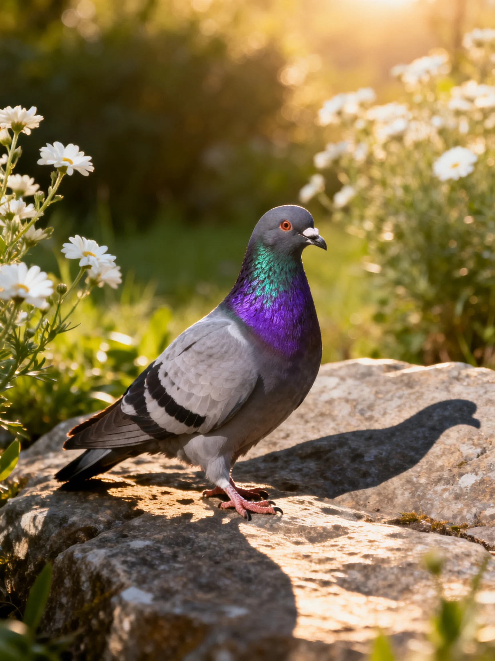 A pigeon with iridescent plumage perched on a rock near white flowers