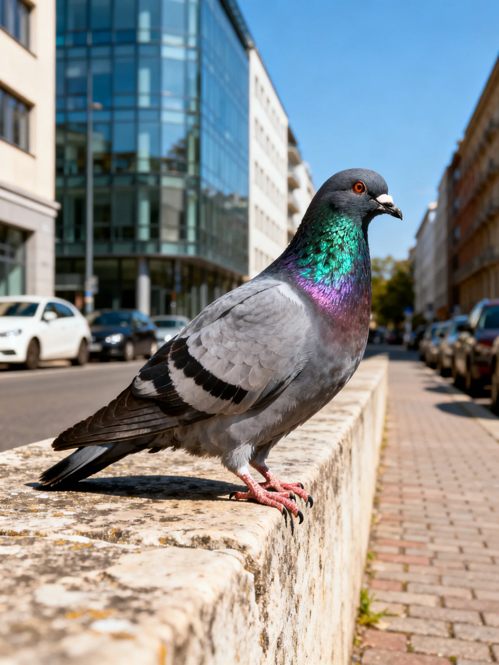 A pigeon with iridescent plumage perched on a stone ledge near city buildings