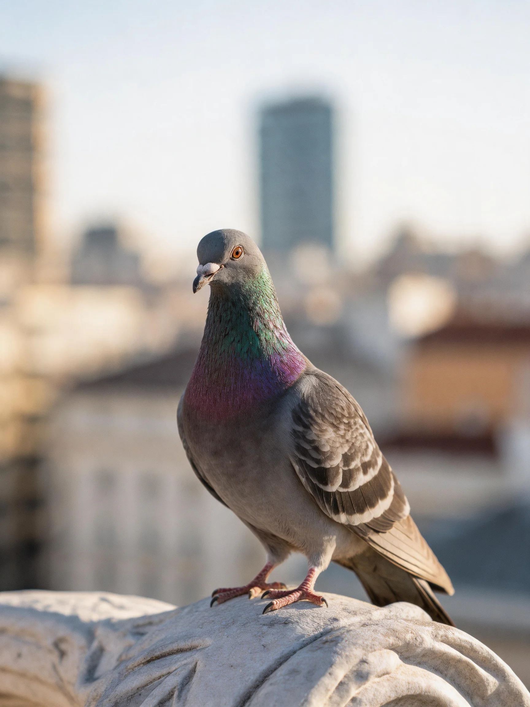 A pigeon with iridescent plumage perched on a stone ledge near urban buildings
